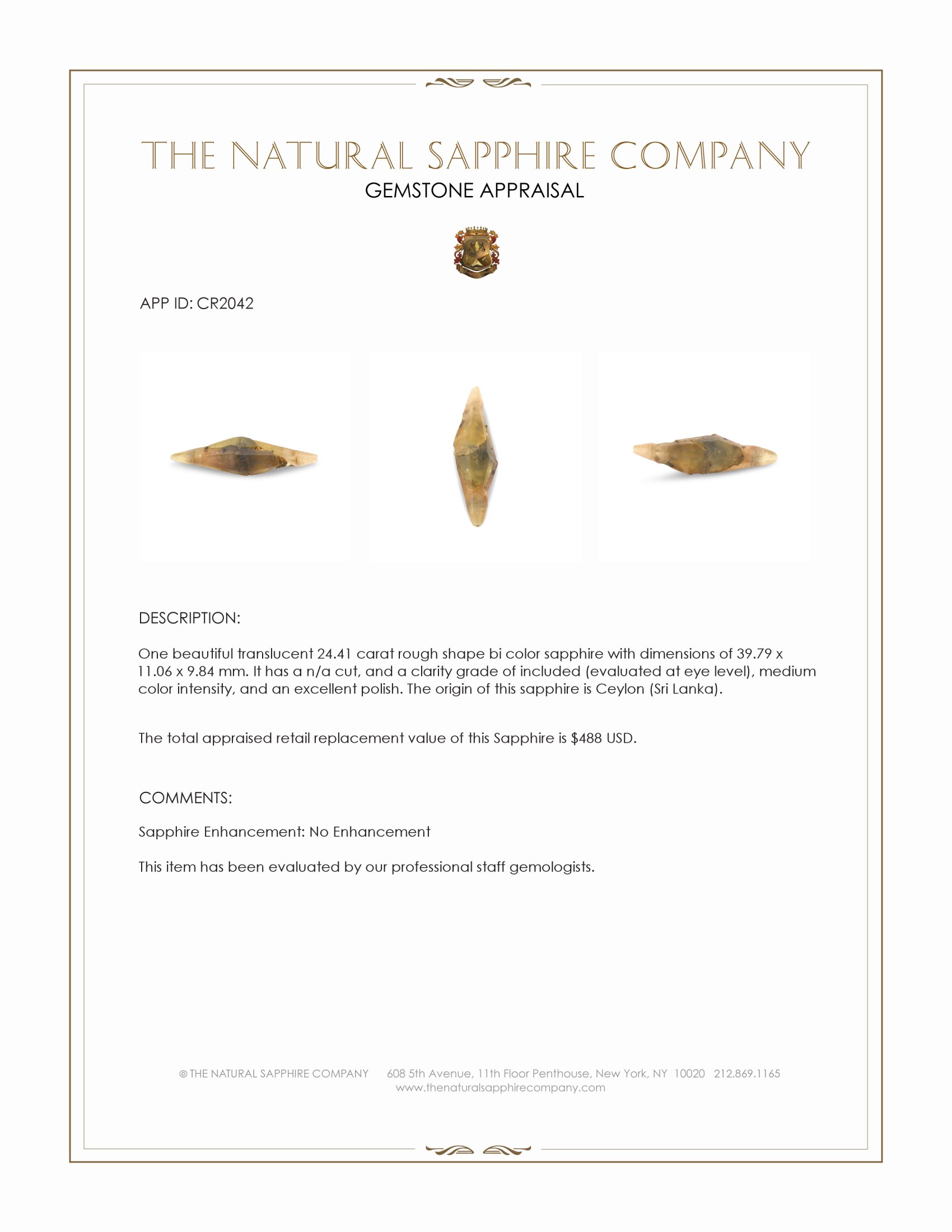 24.41 Ct. Bi Color Rough Sapphire from Ceylon (Sri Lanka)