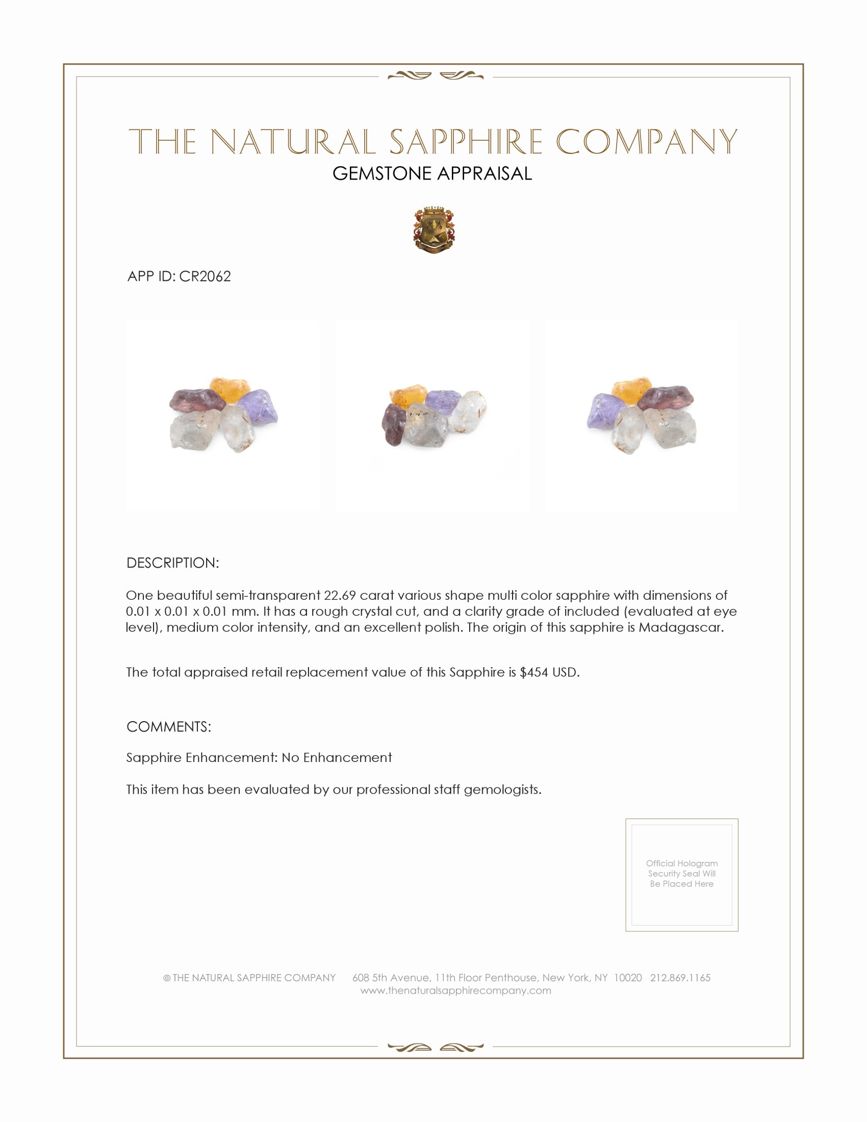 22.69 Ct. Multi Color Sapphire Crystal from Madagascar