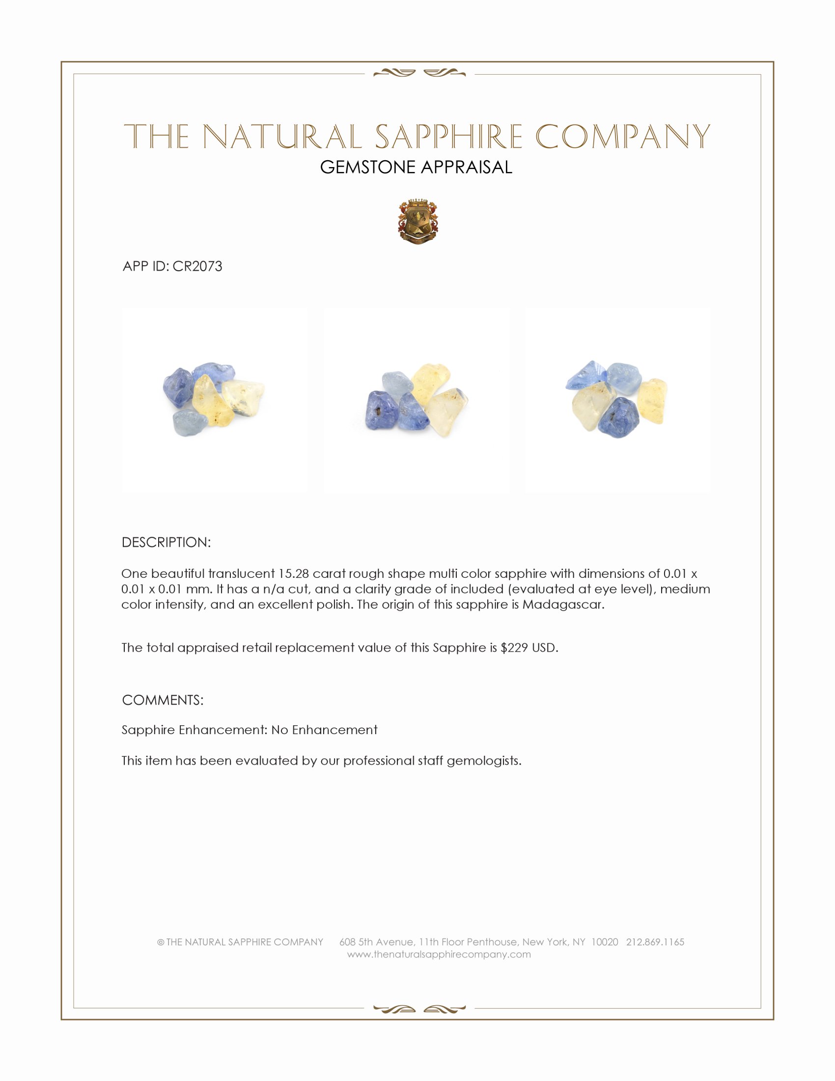 15.28 Ct. Multi Color Rough Sapphire from Madagascar