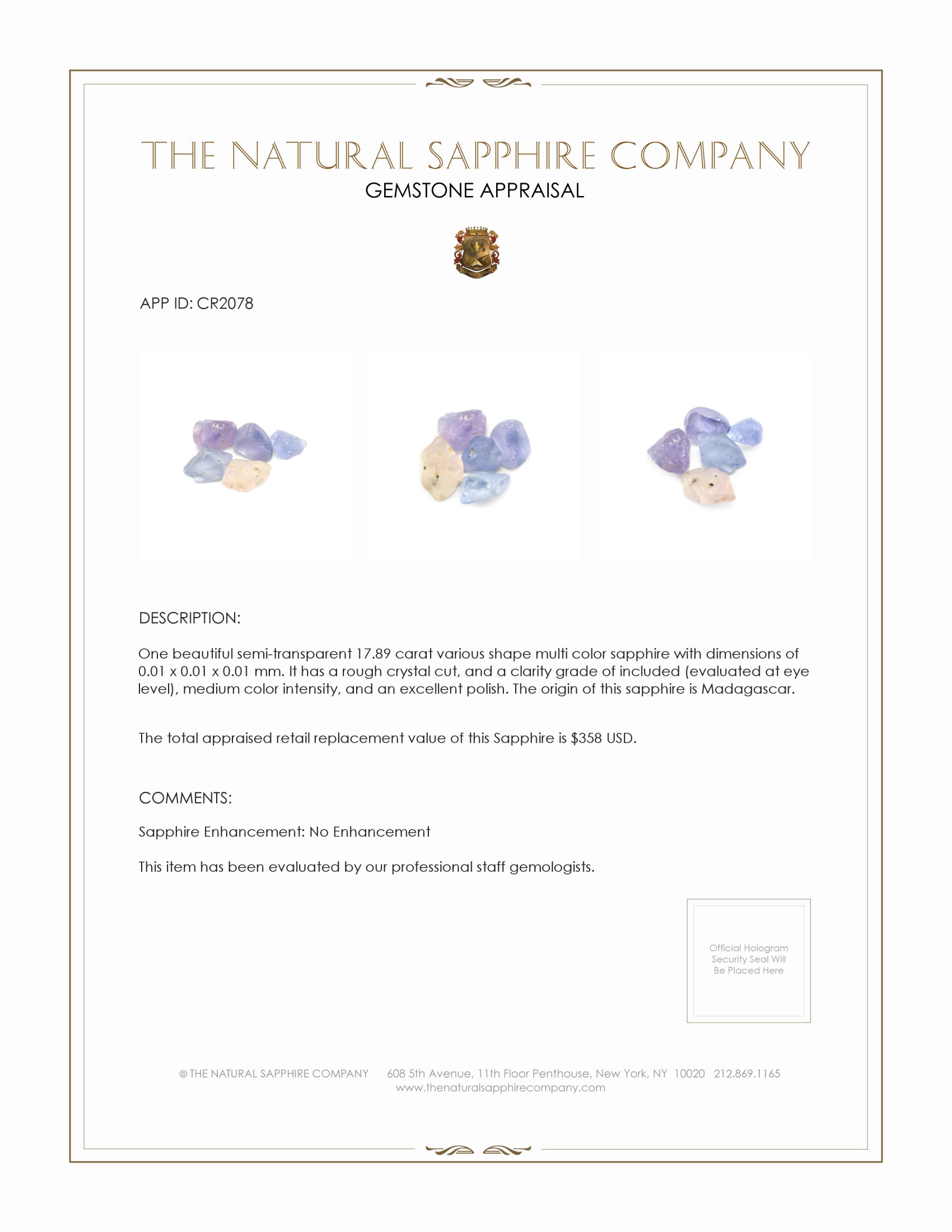 17.89 Ct. Multi Color Sapphire Crystal from Madagascar