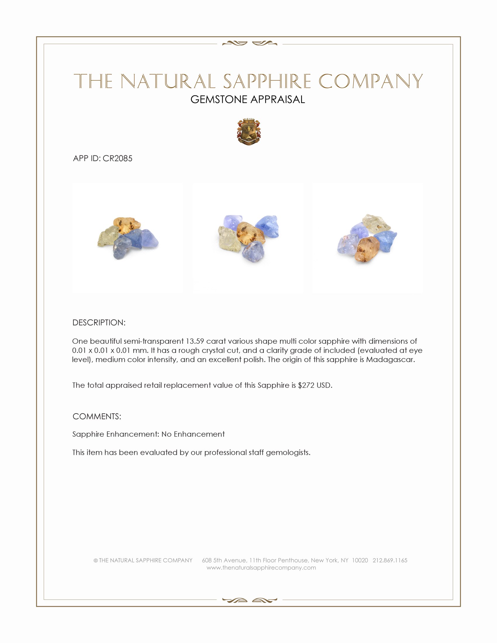 13.59 Ct. Multi Color Sapphire Crystal from Madagascar