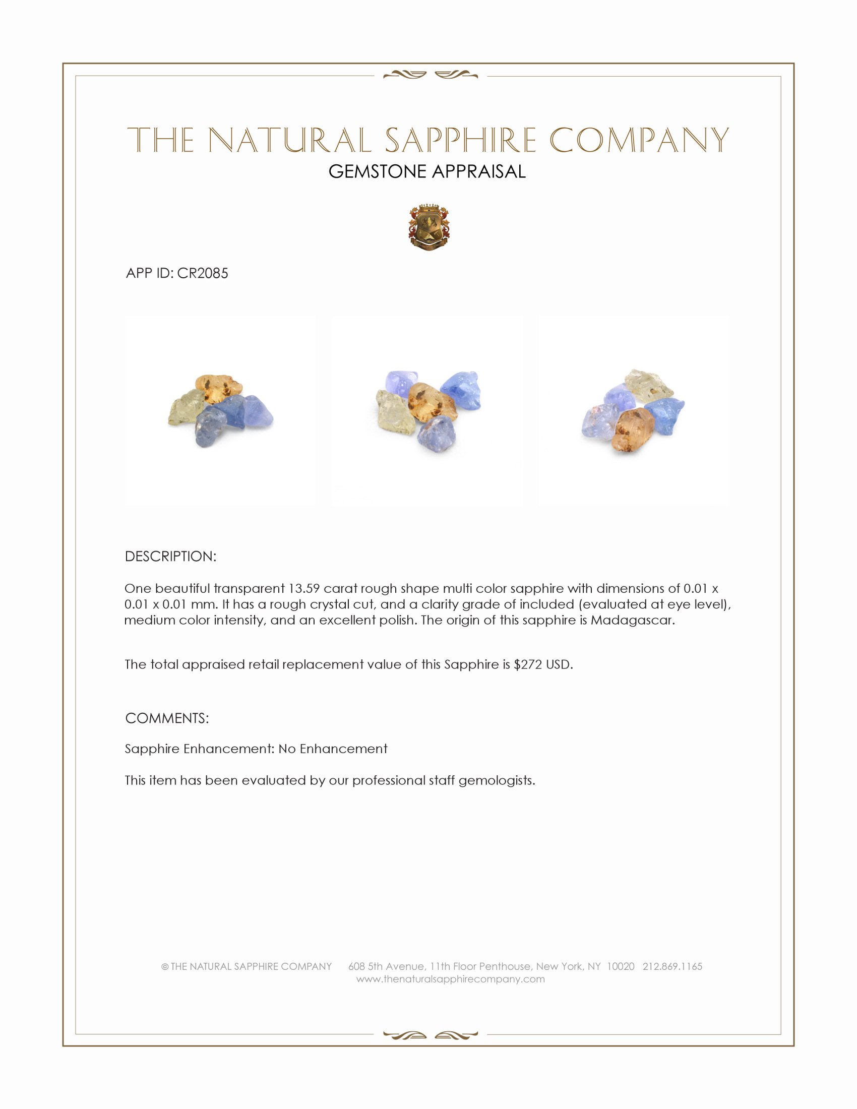 13.59 Ct. Multi Color Rough Sapphire Crystal from Madagascar