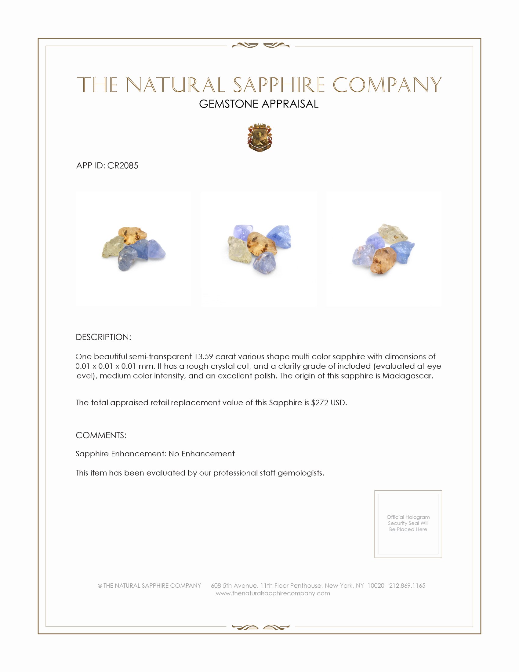 13.59 Ct. Multi Color Sapphire Crystal from Madagascar