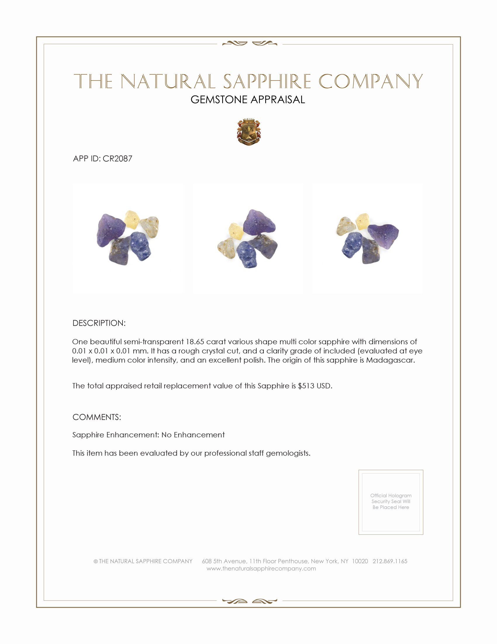 18.65 Ct. Multi Color Sapphire Crystal from Madagascar