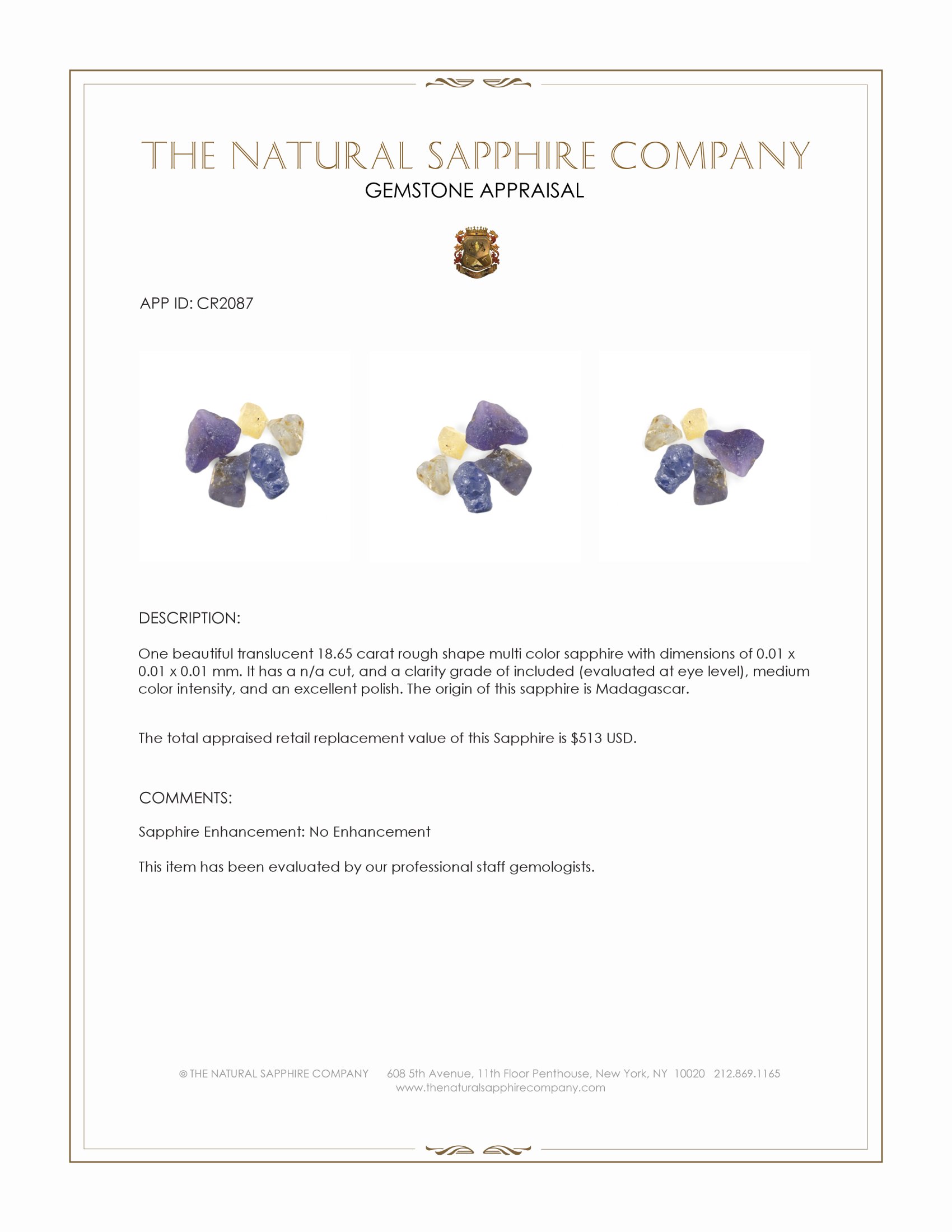 18.65 Ct. Multi Color Rough Sapphire from Madagascar