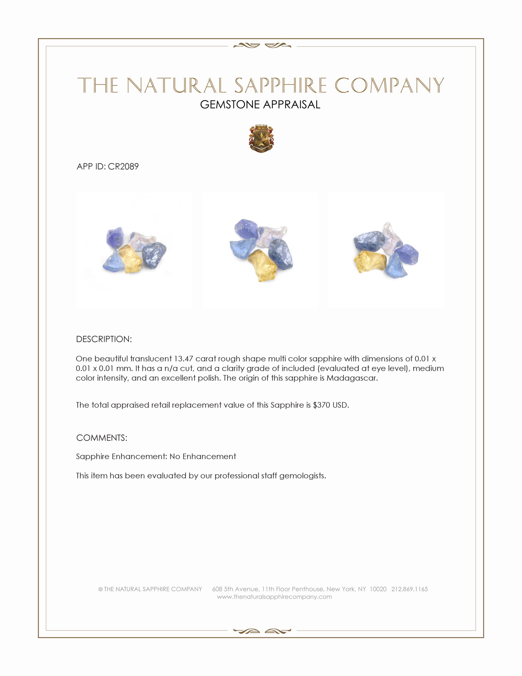 13.47 Ct. Multi Color Rough Sapphire from Madagascar