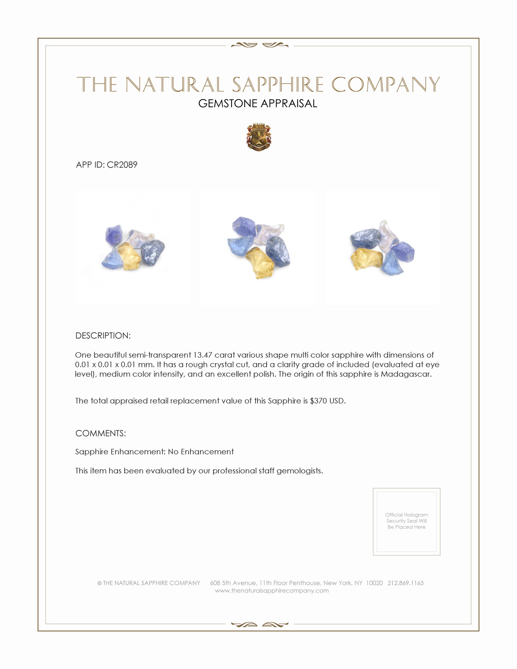 13.47 Ct. Multi Color Sapphire Crystal from Madagascar