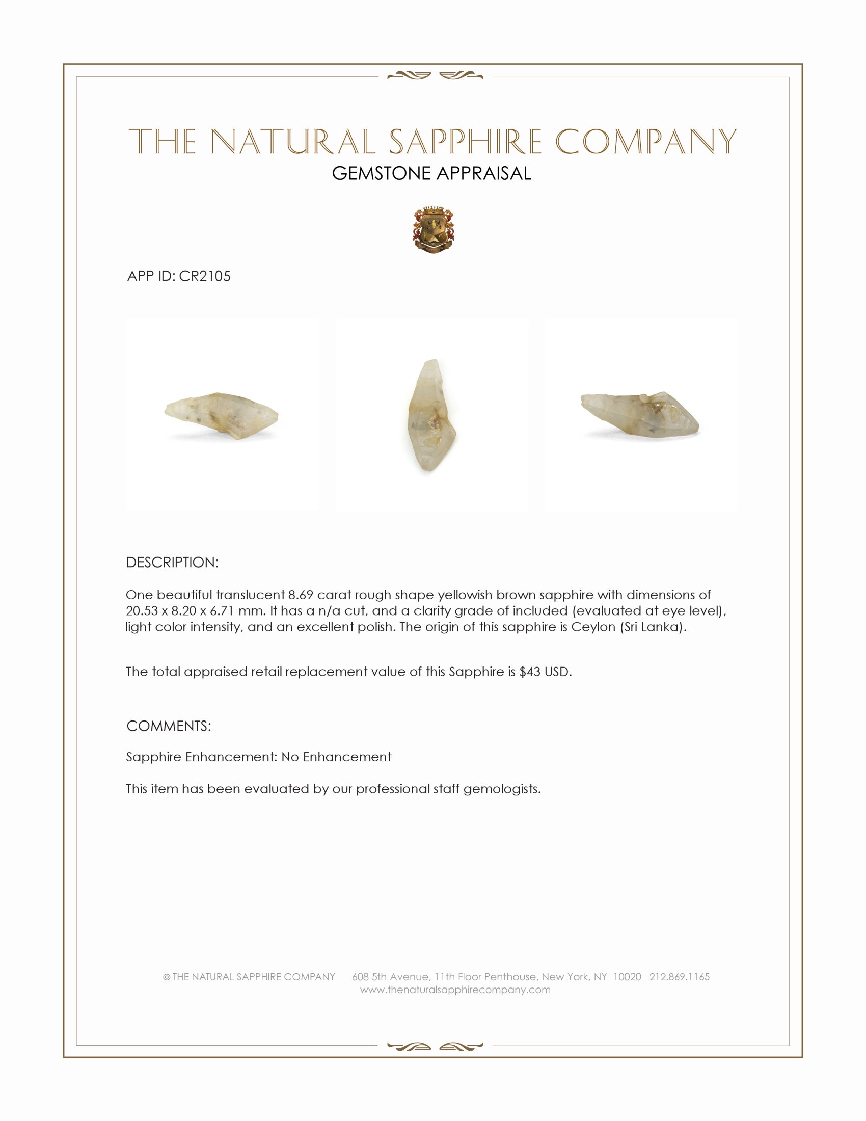 8.69 Ct. Yellowish Brown Rough Sapphire from Ceylon (Sri Lanka)