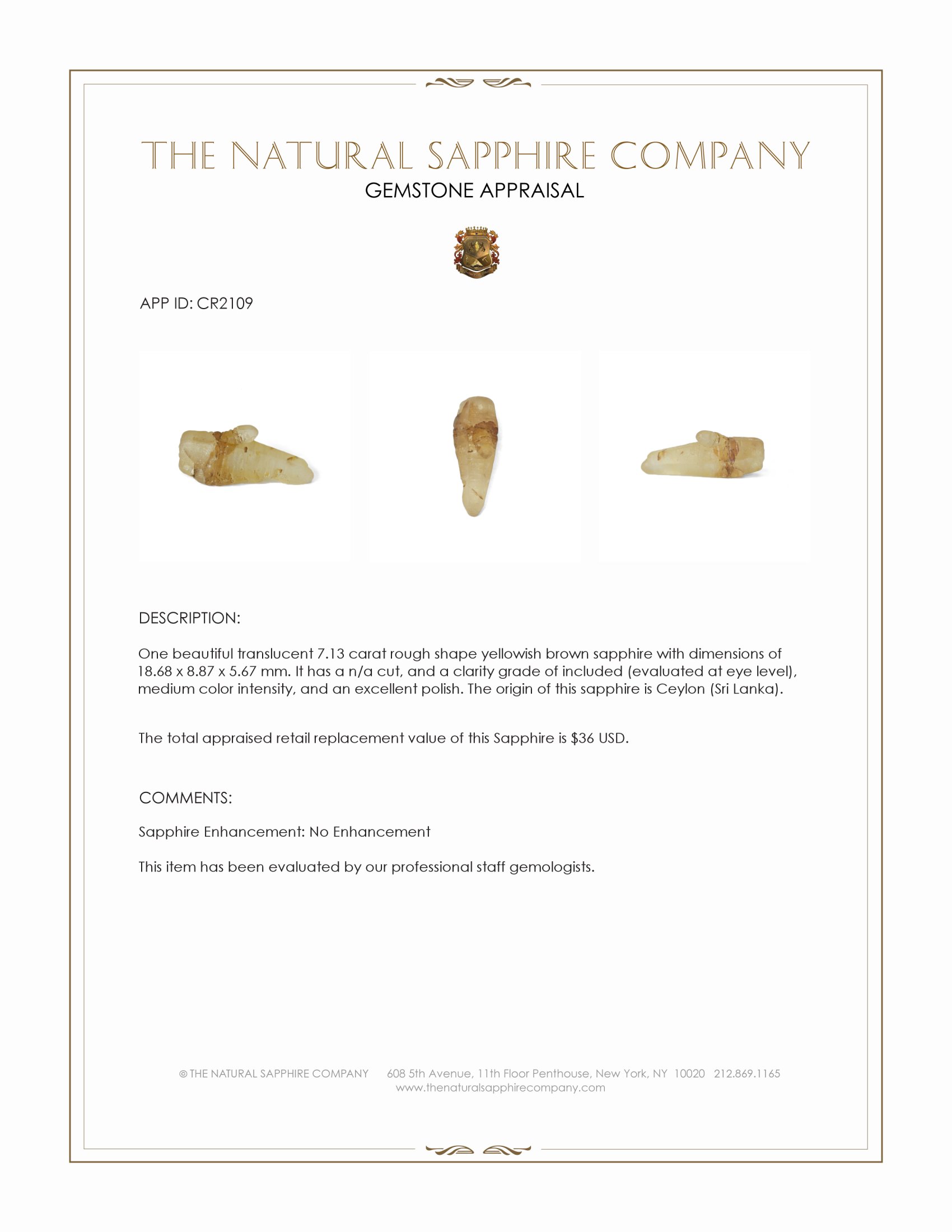 7.13 Ct. Yellowish Brown Rough Sapphire from Ceylon (Sri Lanka)