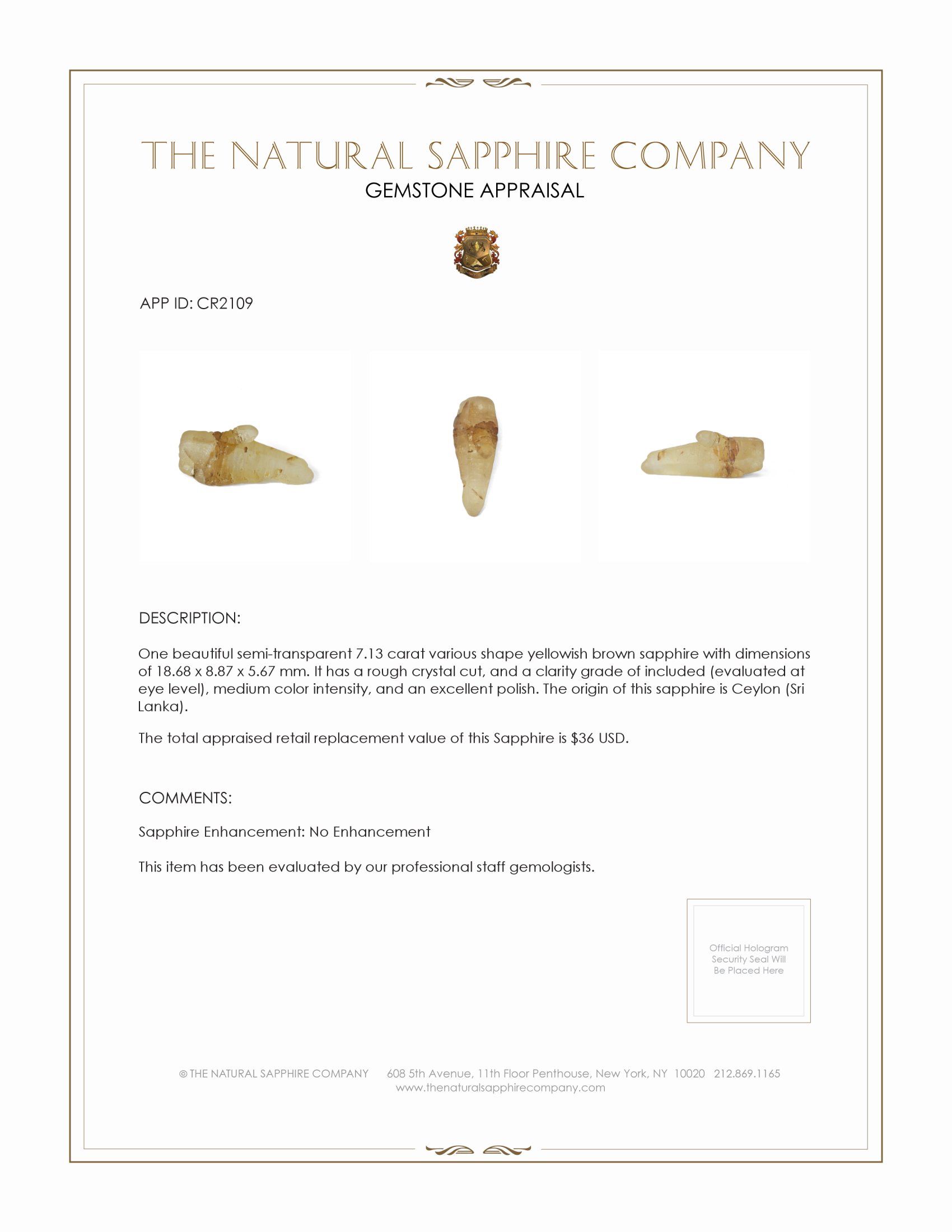 7.13 Ct. Yellowish Brown Sapphire Crystal from Ceylon (Sri Lanka)