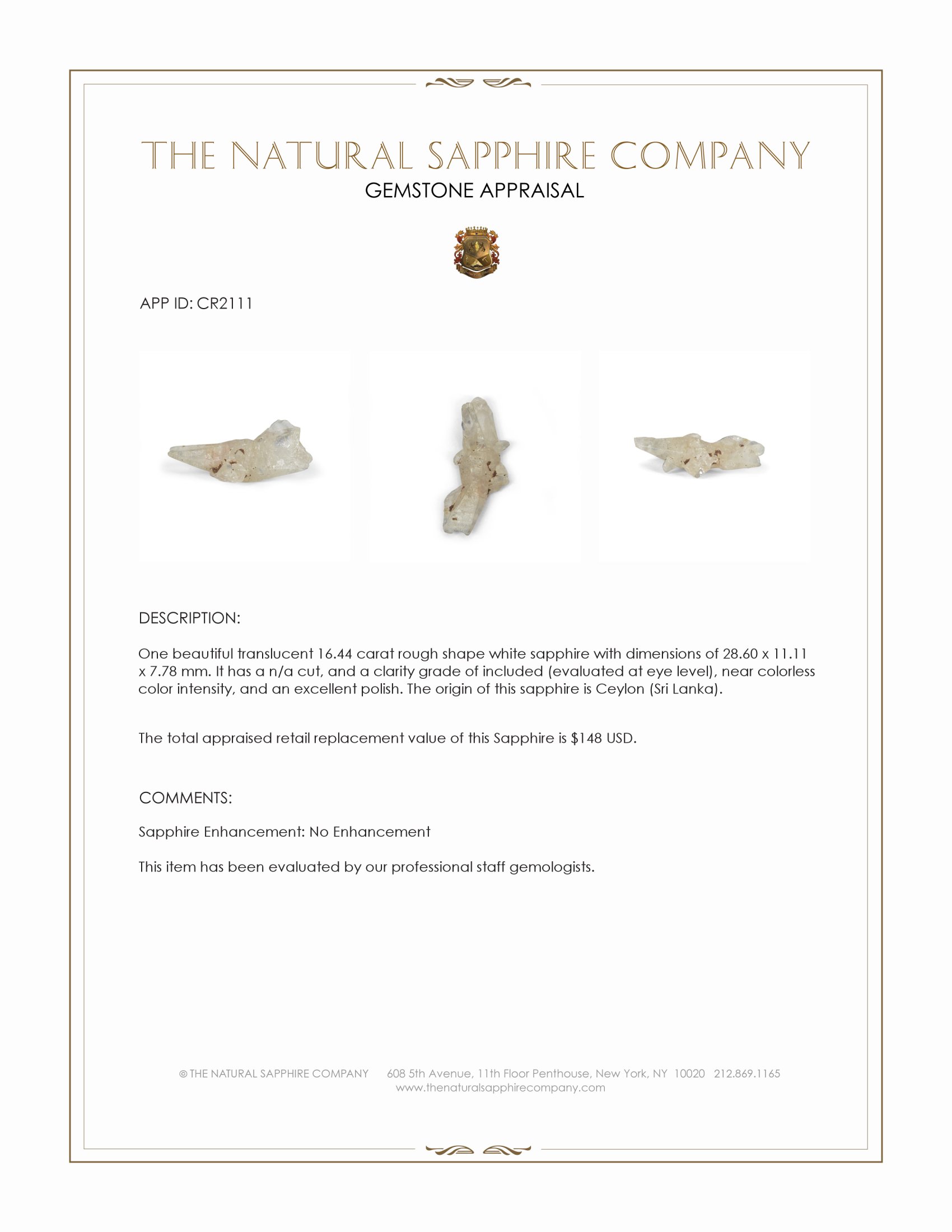 16.44 Ct. White Rough Sapphire from Ceylon (Sri Lanka)