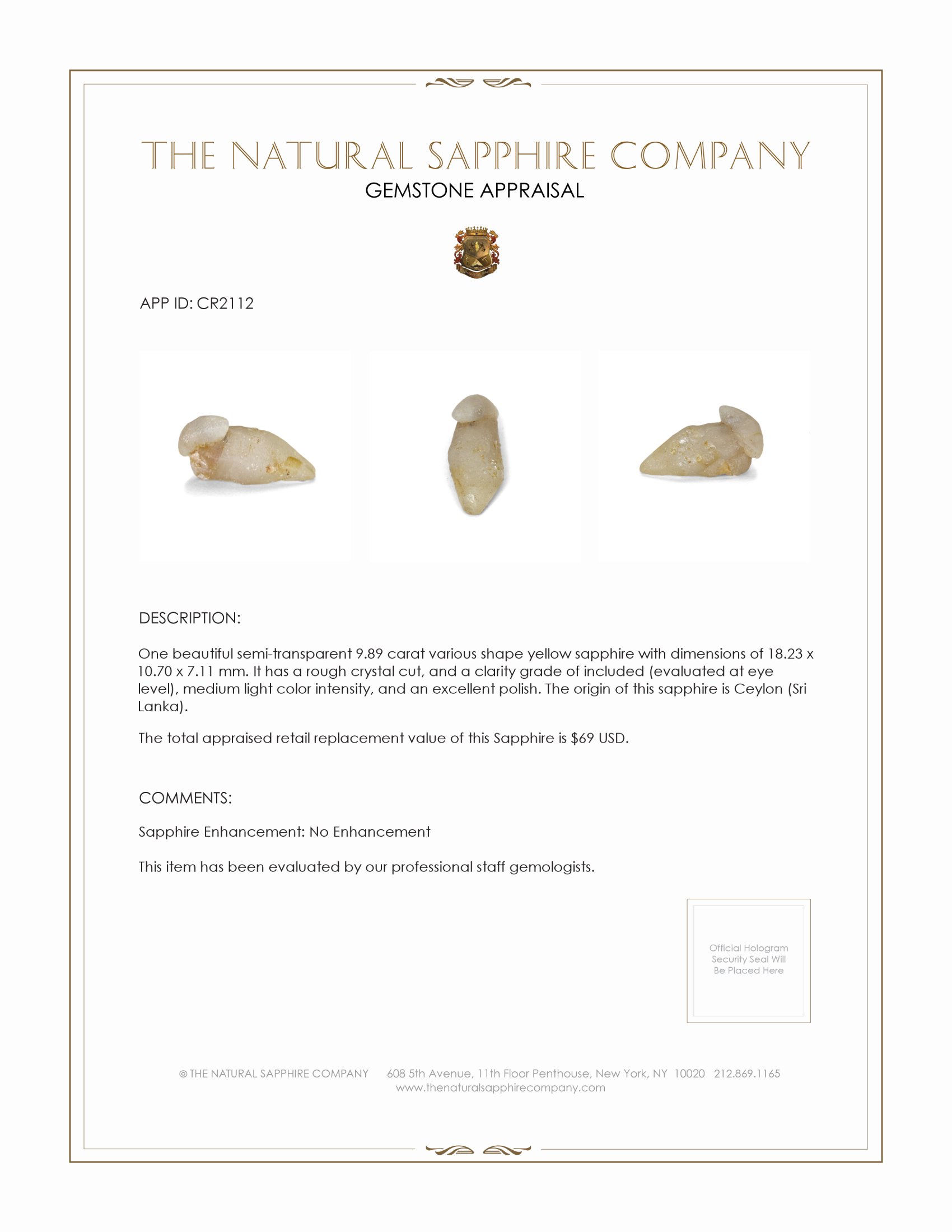 9.89 Ct. Yellow Sapphire Crystal from Ceylon (Sri Lanka)