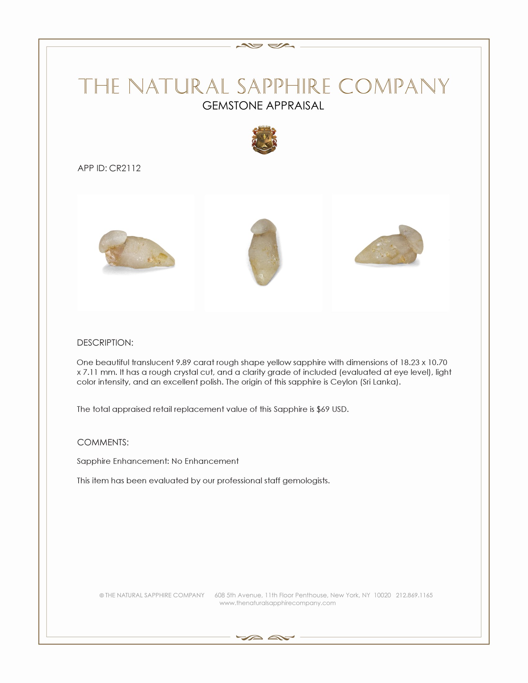 9.89 Ct. Yellow Rough Sapphire Crystal from Ceylon (Sri Lanka)