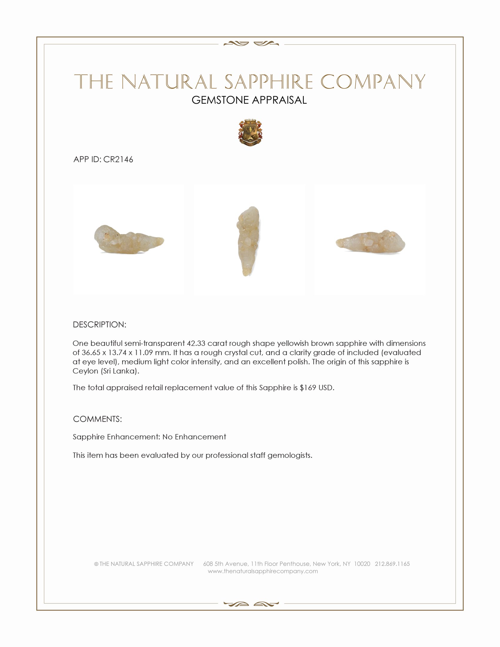 42.33 Ct. Yellowish Brown Rough Sapphire Crystal from Ceylon (Sri Lanka)