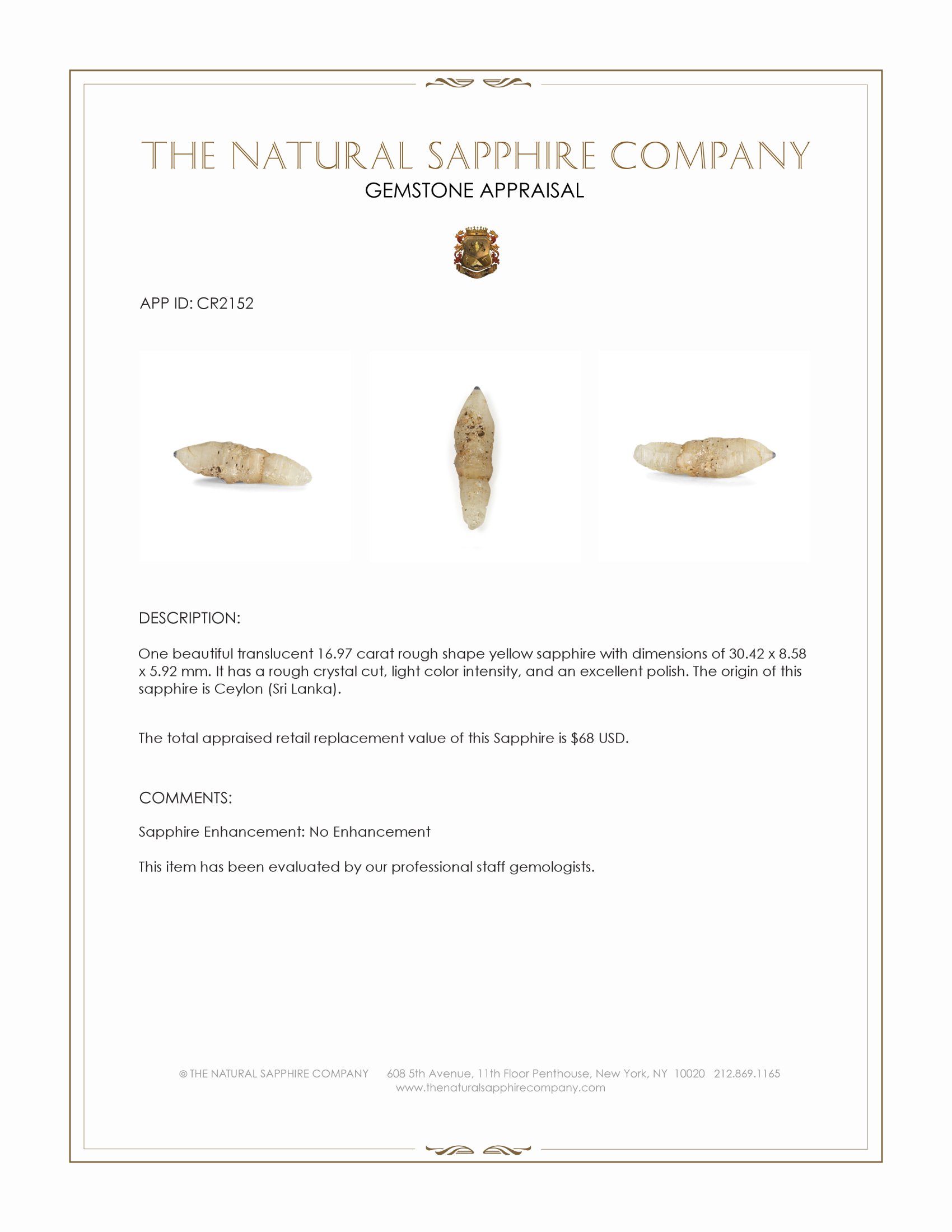 16.97 Ct. Yellow Rough Sapphire Crystal from Ceylon (Sri Lanka)