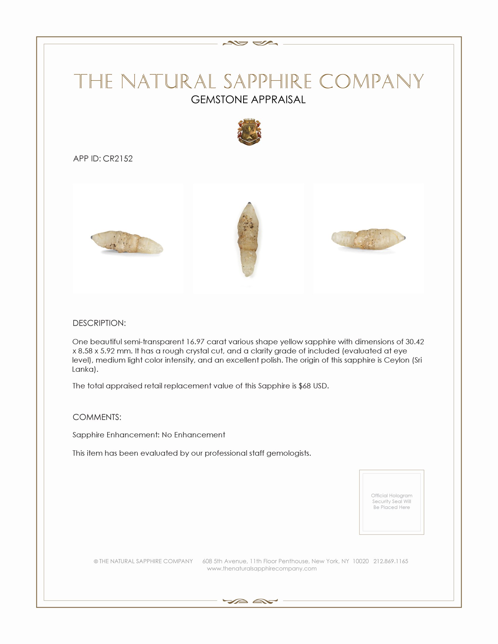 16.97 Ct. Yellow Sapphire Crystal from Ceylon (Sri Lanka)