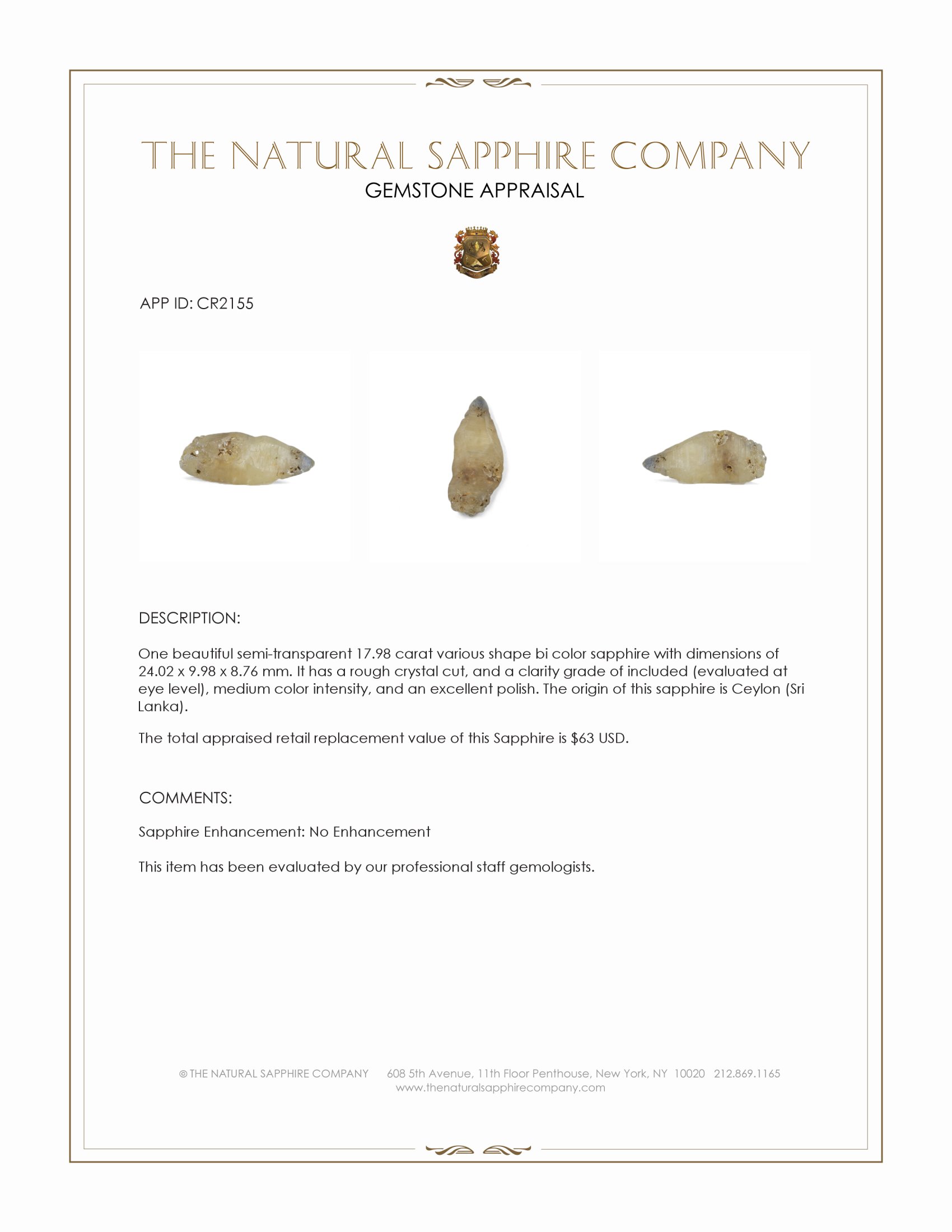 17.98 Ct. Bi Color Sapphire Crystal from Ceylon (Sri Lanka)