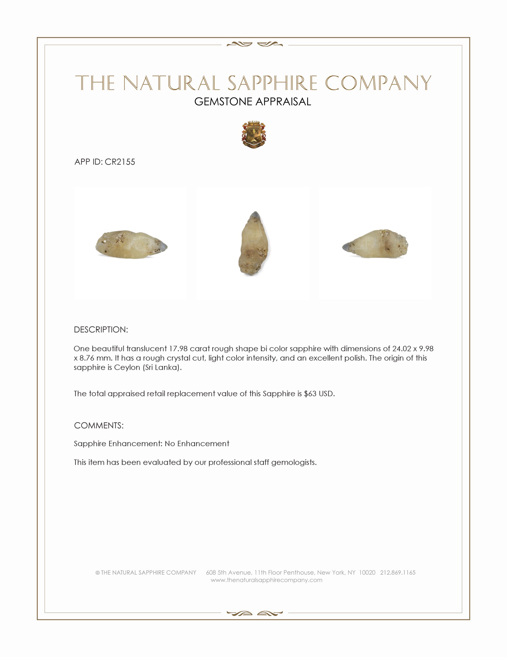 17.98 Ct. Bi Color Rough Sapphire Crystal from Ceylon (Sri Lanka)