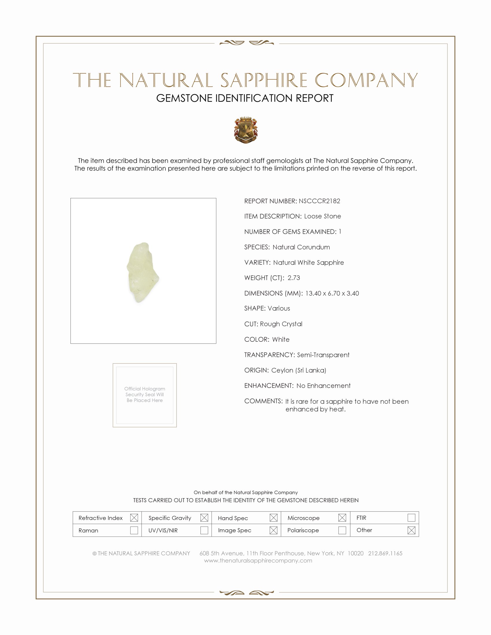 2.73 Ct. White Rough Sapphire Crystal from Ceylon (Sri Lanka)