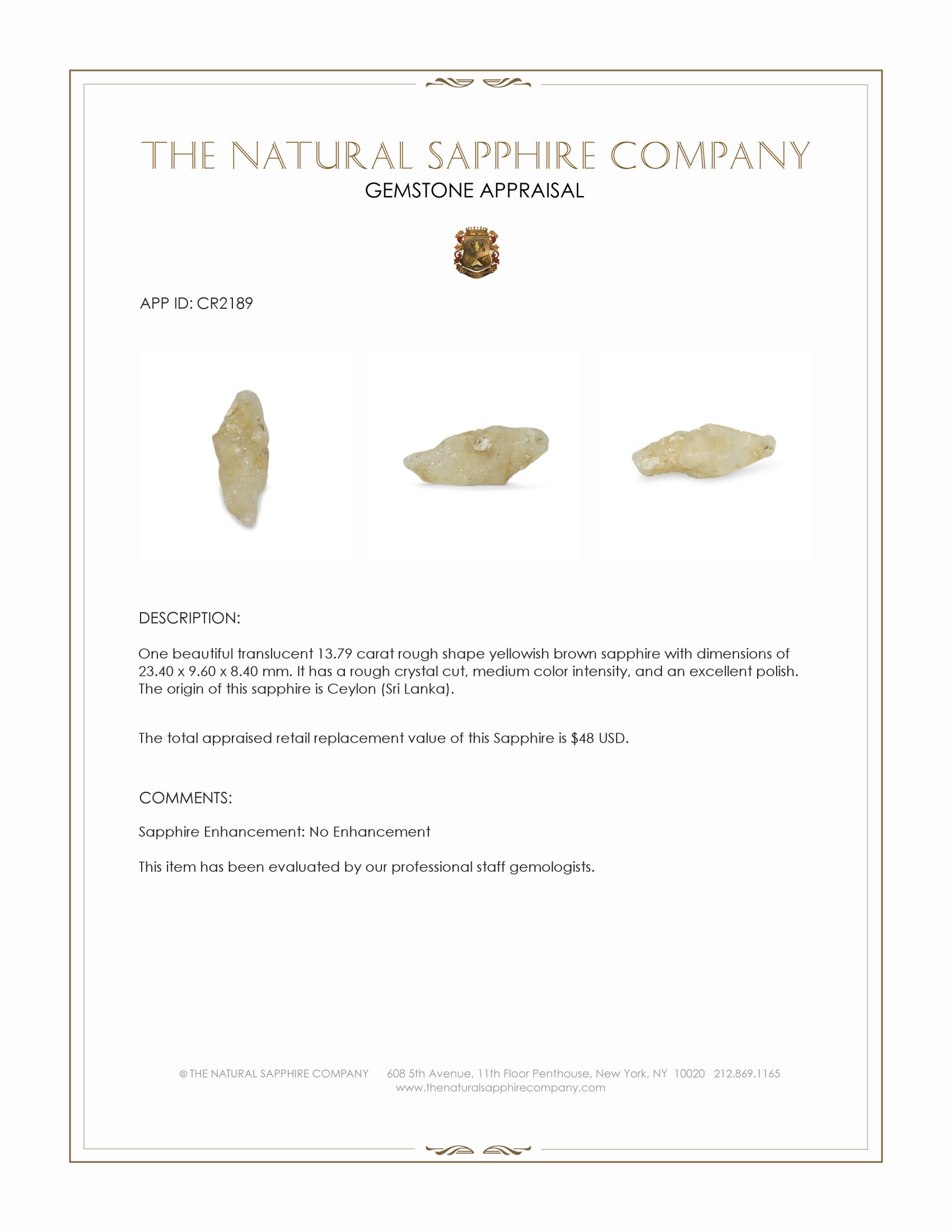 13.79 Ct. Yellowish Brown Rough Sapphire Crystal from Ceylon (Sri Lanka)