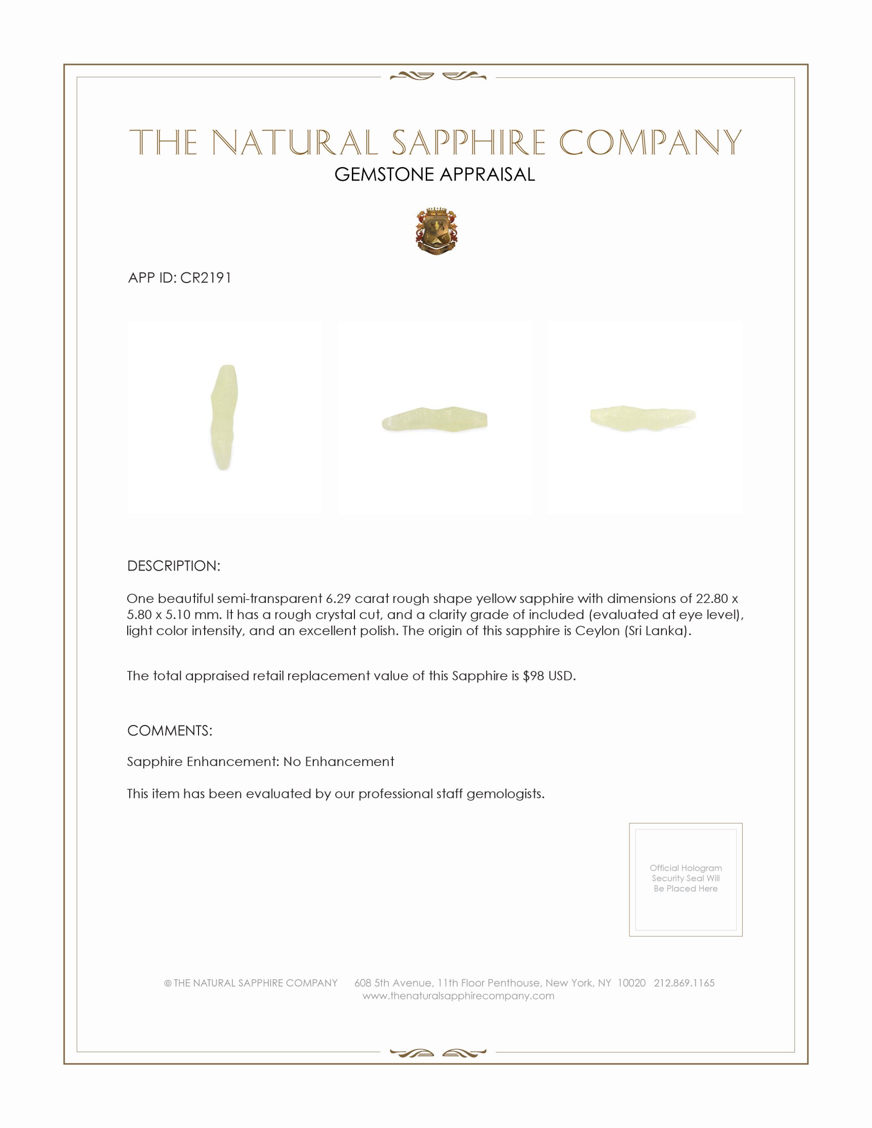 6.29 Ct. Yellow Sapphire Crystal from Ceylon (Sri Lanka)