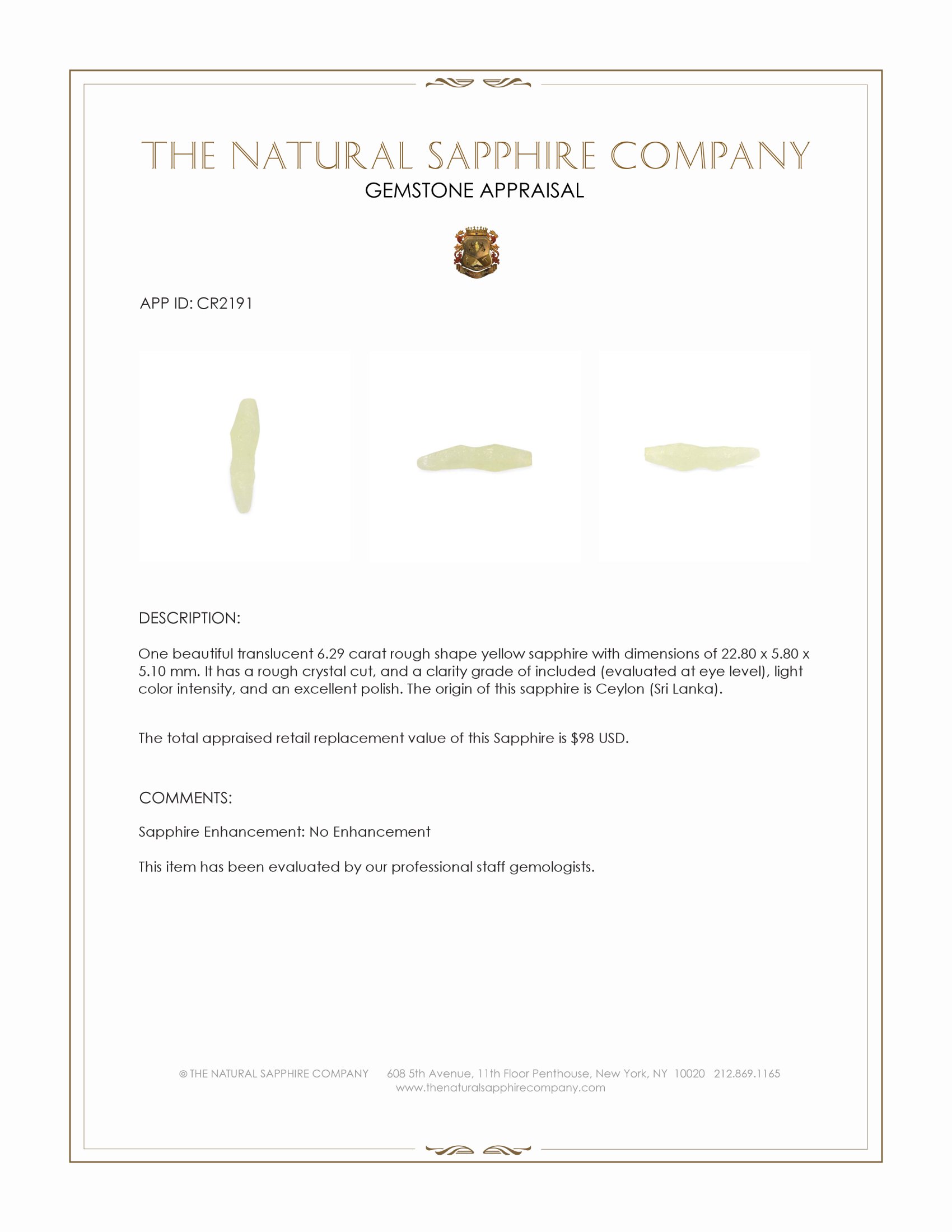 6.29 Ct. Yellow Rough Sapphire Crystal from Ceylon (Sri Lanka)