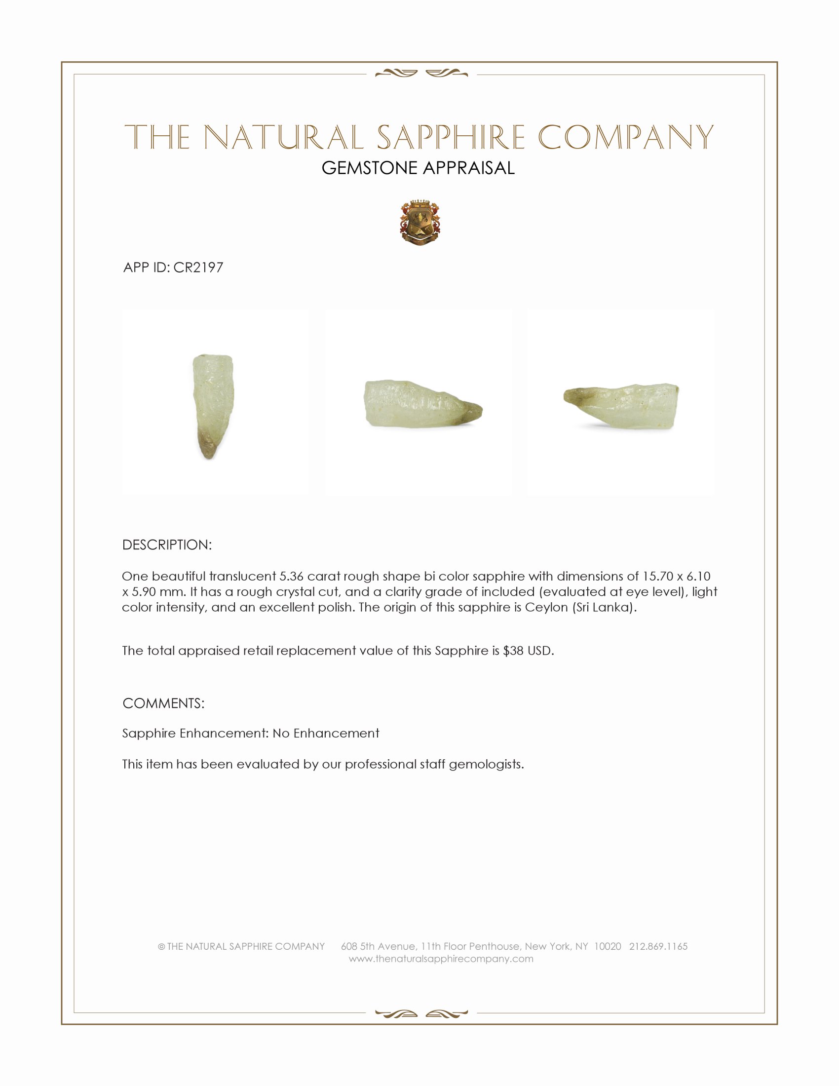 5.36 Ct. Bi Color Rough Sapphire Crystal from Ceylon (Sri Lanka)