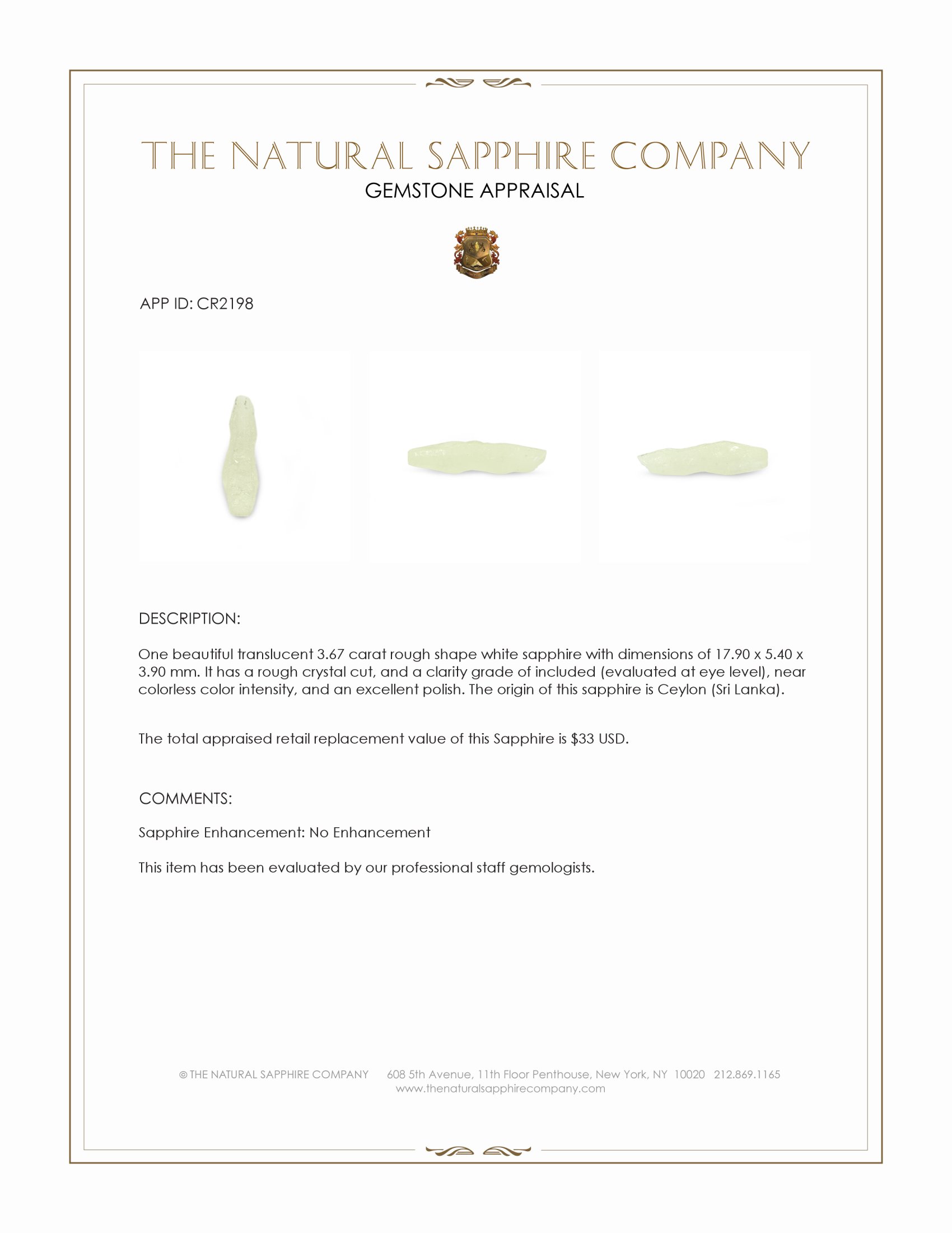 3.67 Ct. White Rough Sapphire Crystal from Ceylon (Sri Lanka)