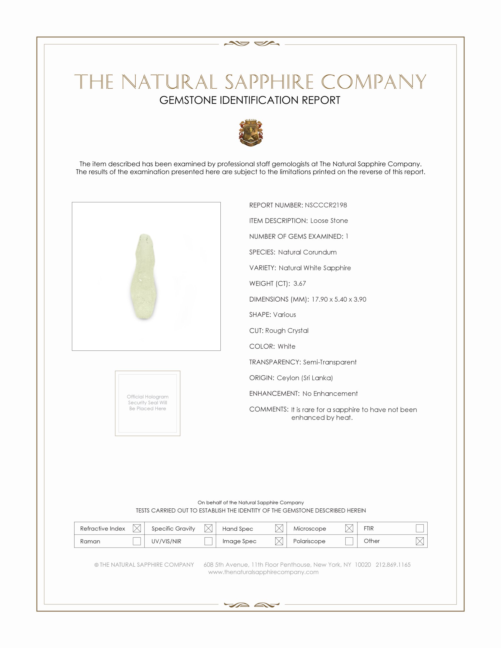 3.67 Ct. White Sapphire Crystal from Ceylon (Sri Lanka)