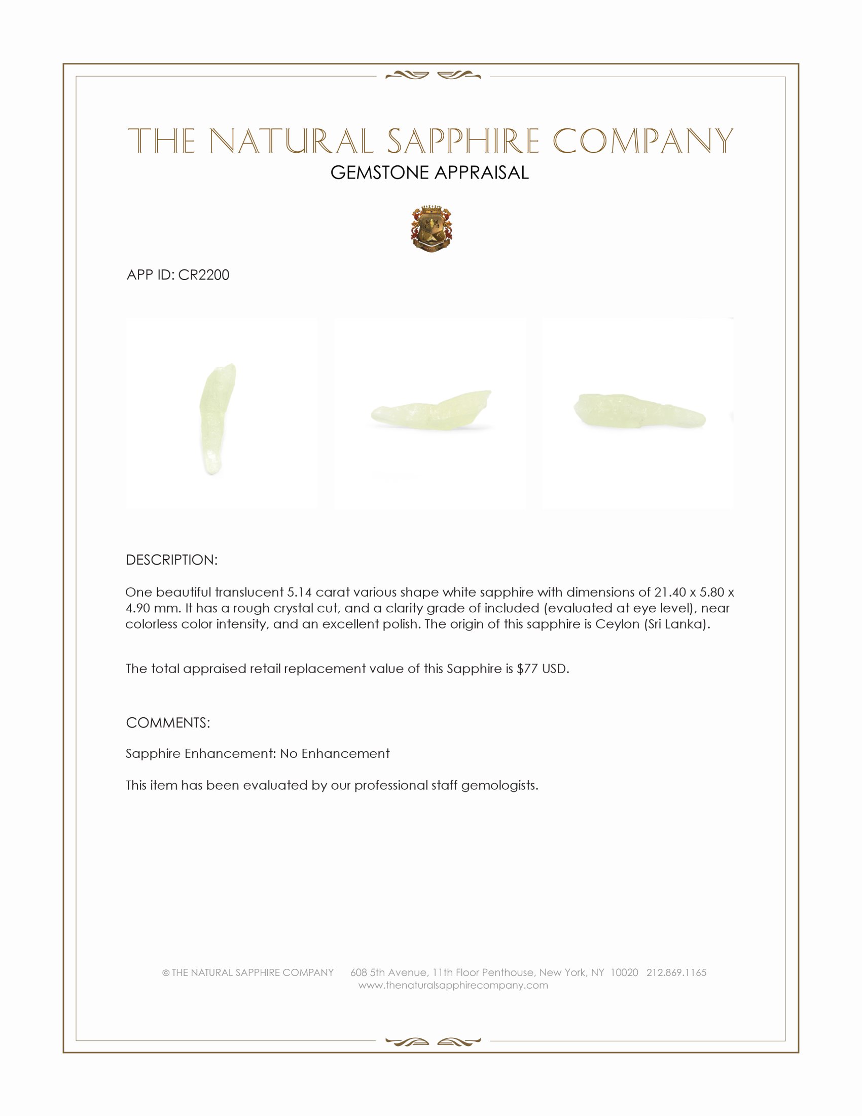 5.14 Ct. White Sapphire Crystal from Ceylon (Sri Lanka)