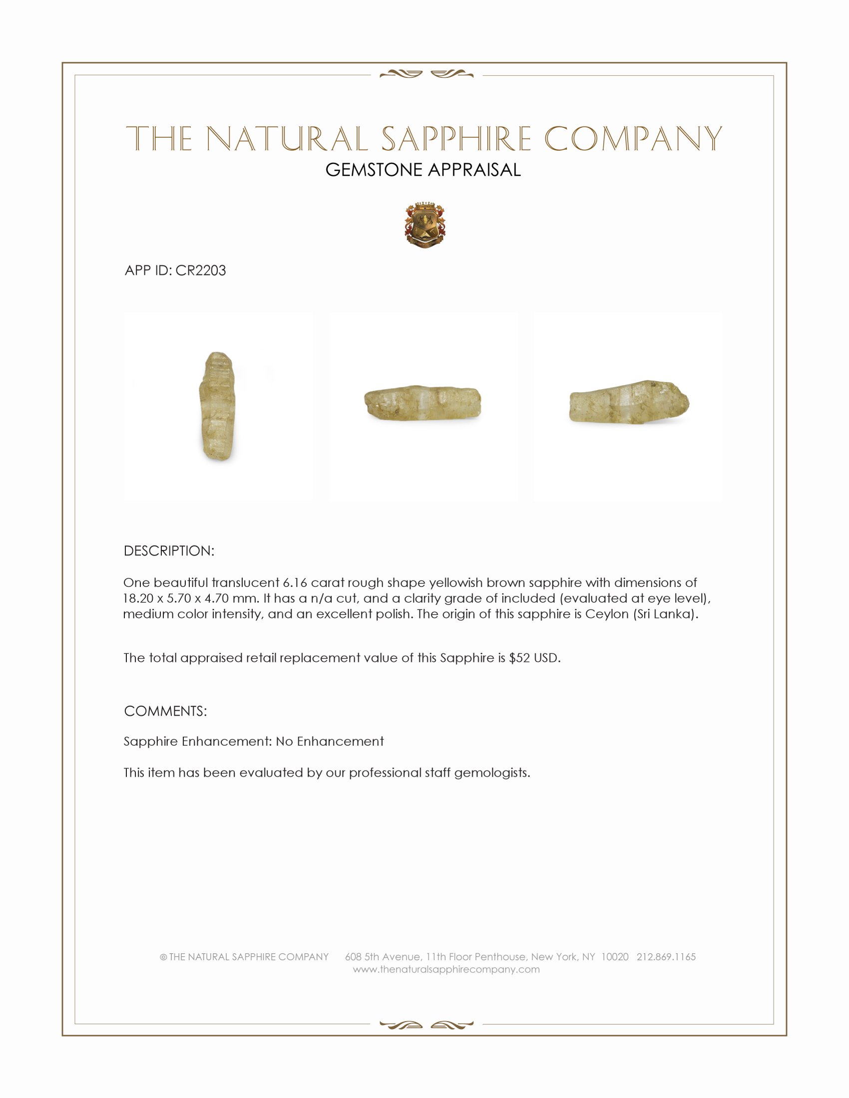 6.16 Ct. Yellowish Brown Rough Sapphire from Ceylon (Sri Lanka)
