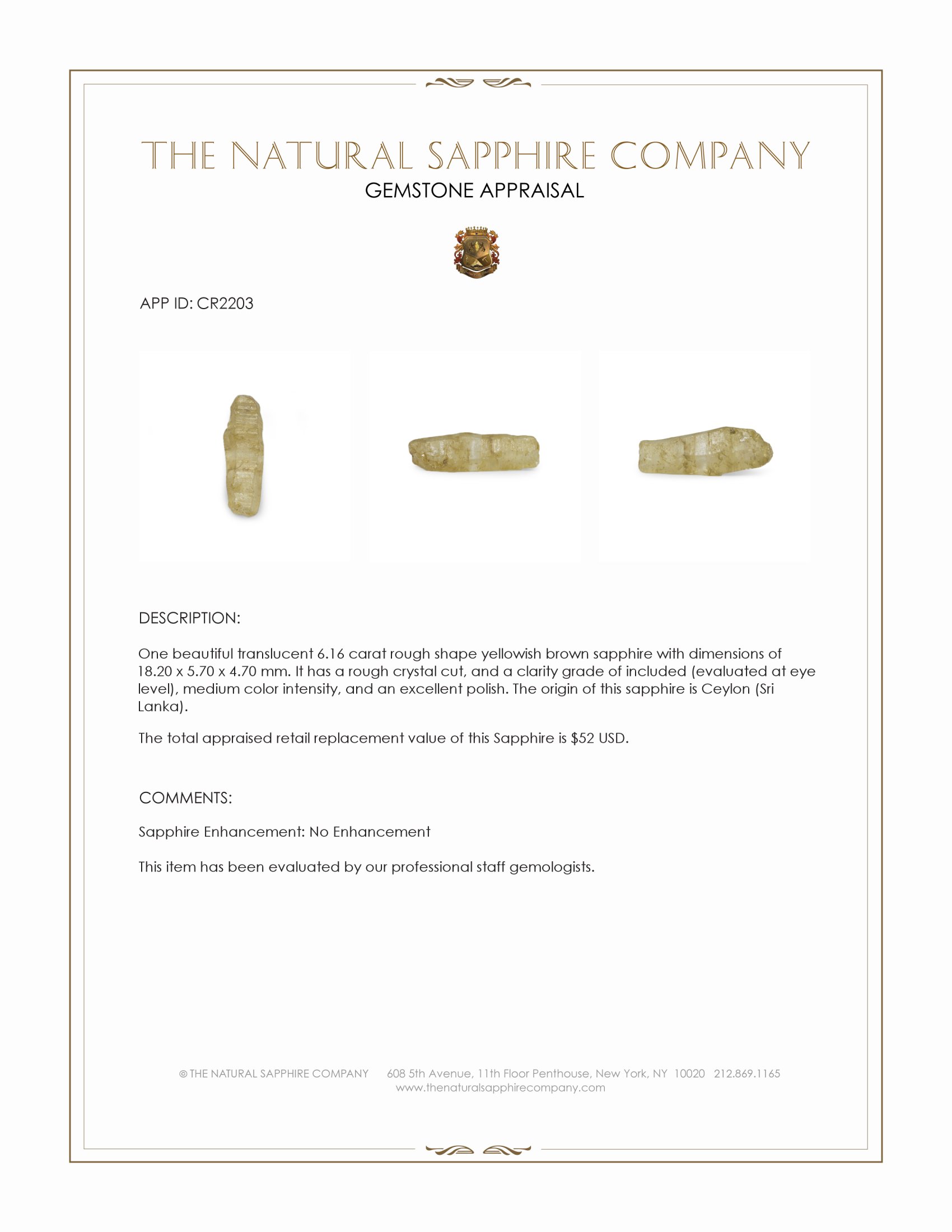 6.16 Ct. Yellowish Brown Rough Sapphire Crystal from Ceylon (Sri Lanka)