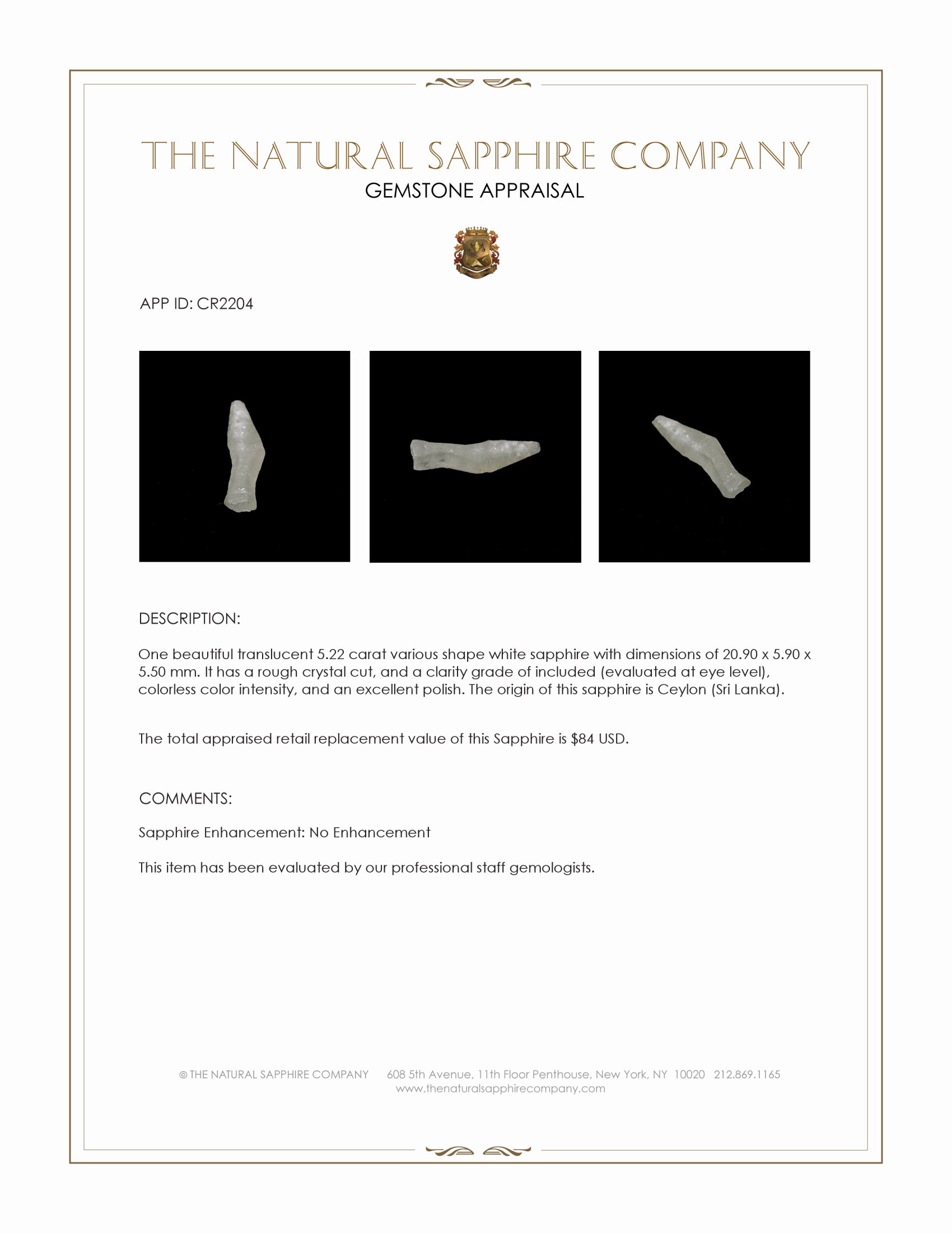 5.22 Ct. White Sapphire Crystal from Ceylon (Sri Lanka)