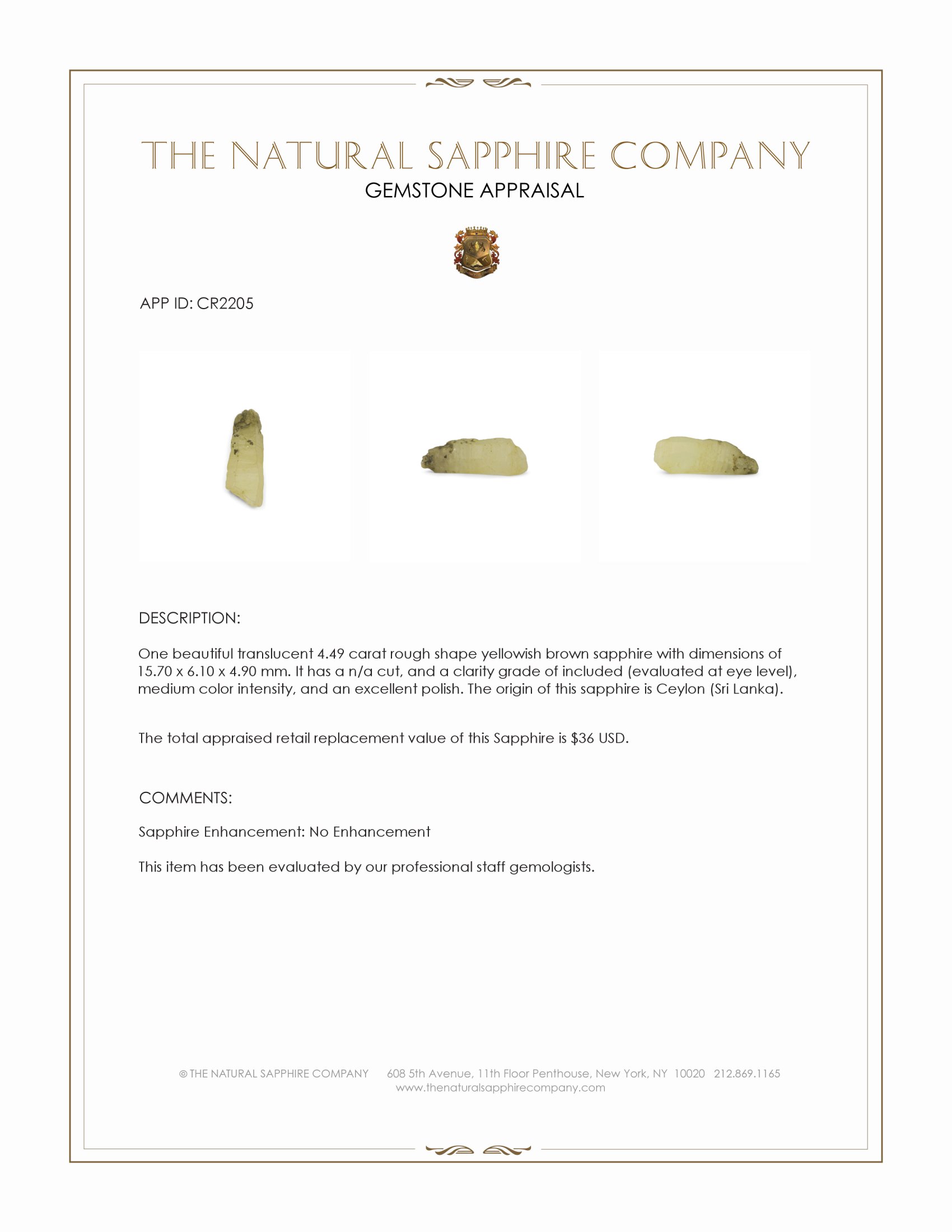 4.49 Ct. Yellowish Brown Rough Sapphire from Ceylon (Sri Lanka)