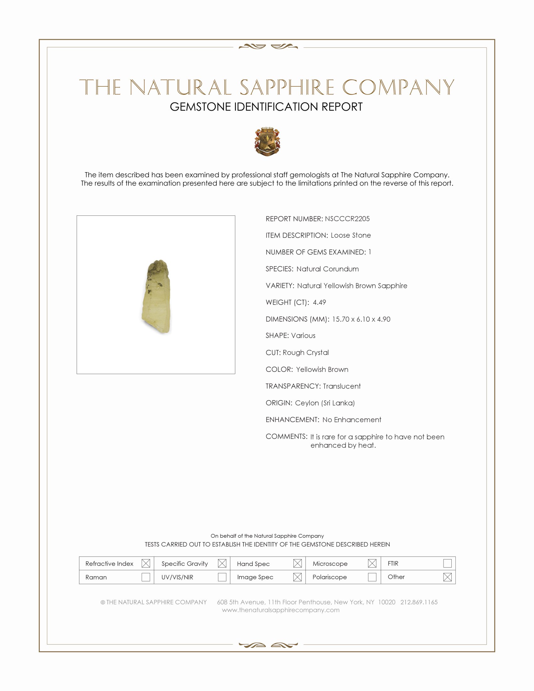 4.49 Ct. Yellowish Brown Sapphire Crystal from Ceylon (Sri Lanka)