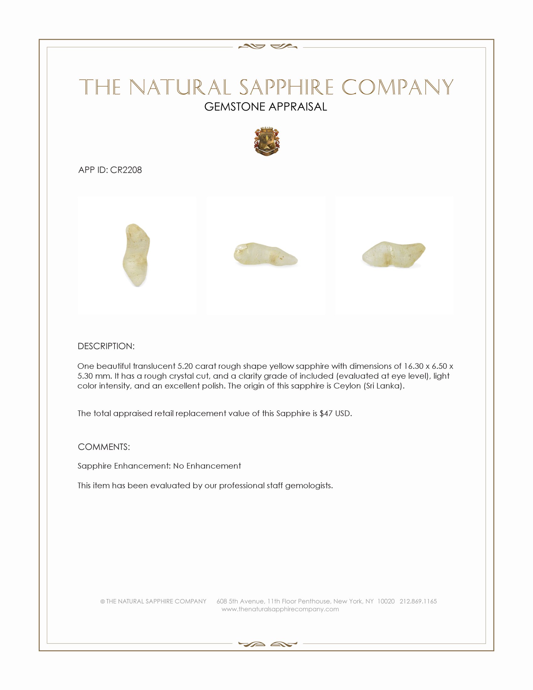 5.20 Ct. Yellow Rough Sapphire Crystal from Ceylon (Sri Lanka)