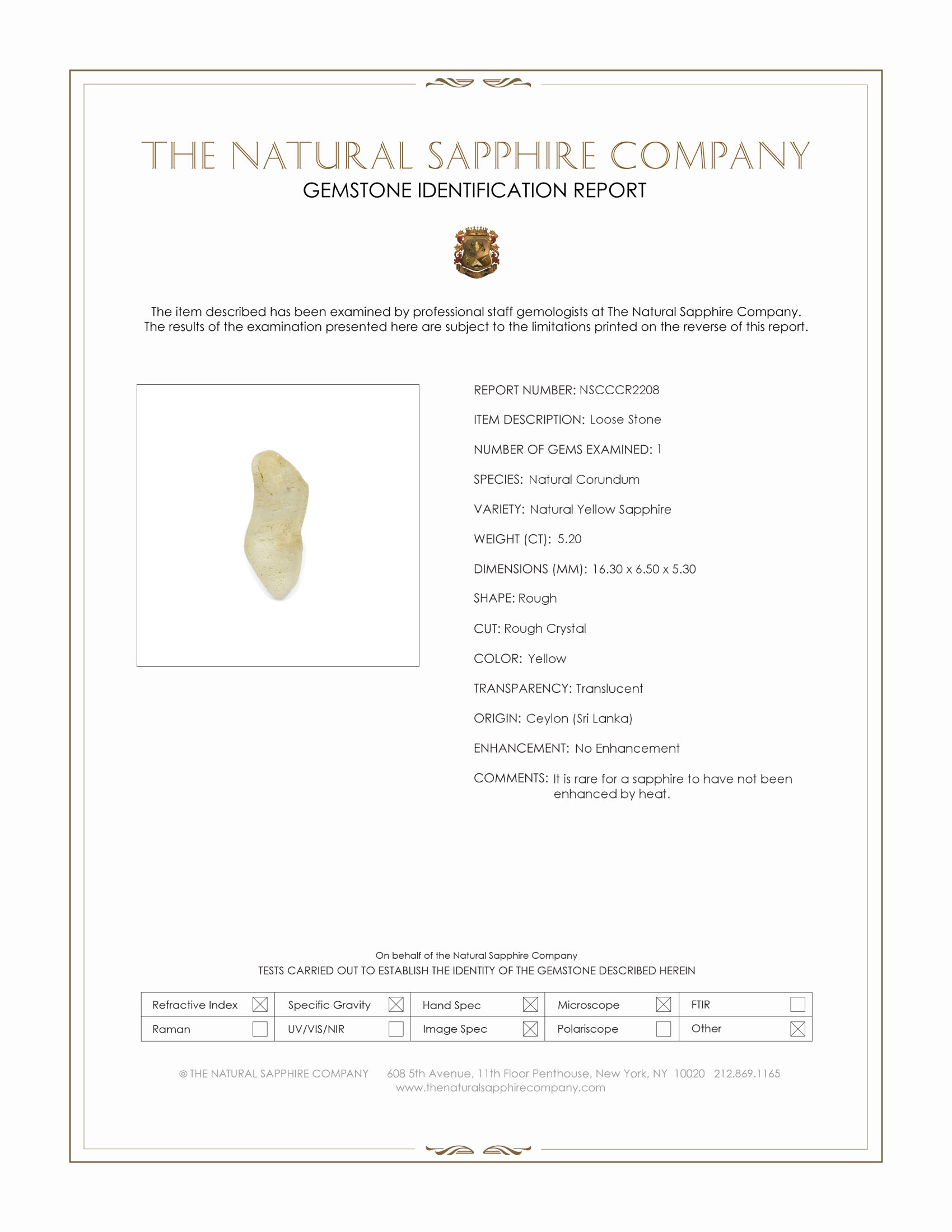 5.20 Ct. Yellow Rough Sapphire Crystal from Ceylon (Sri Lanka)