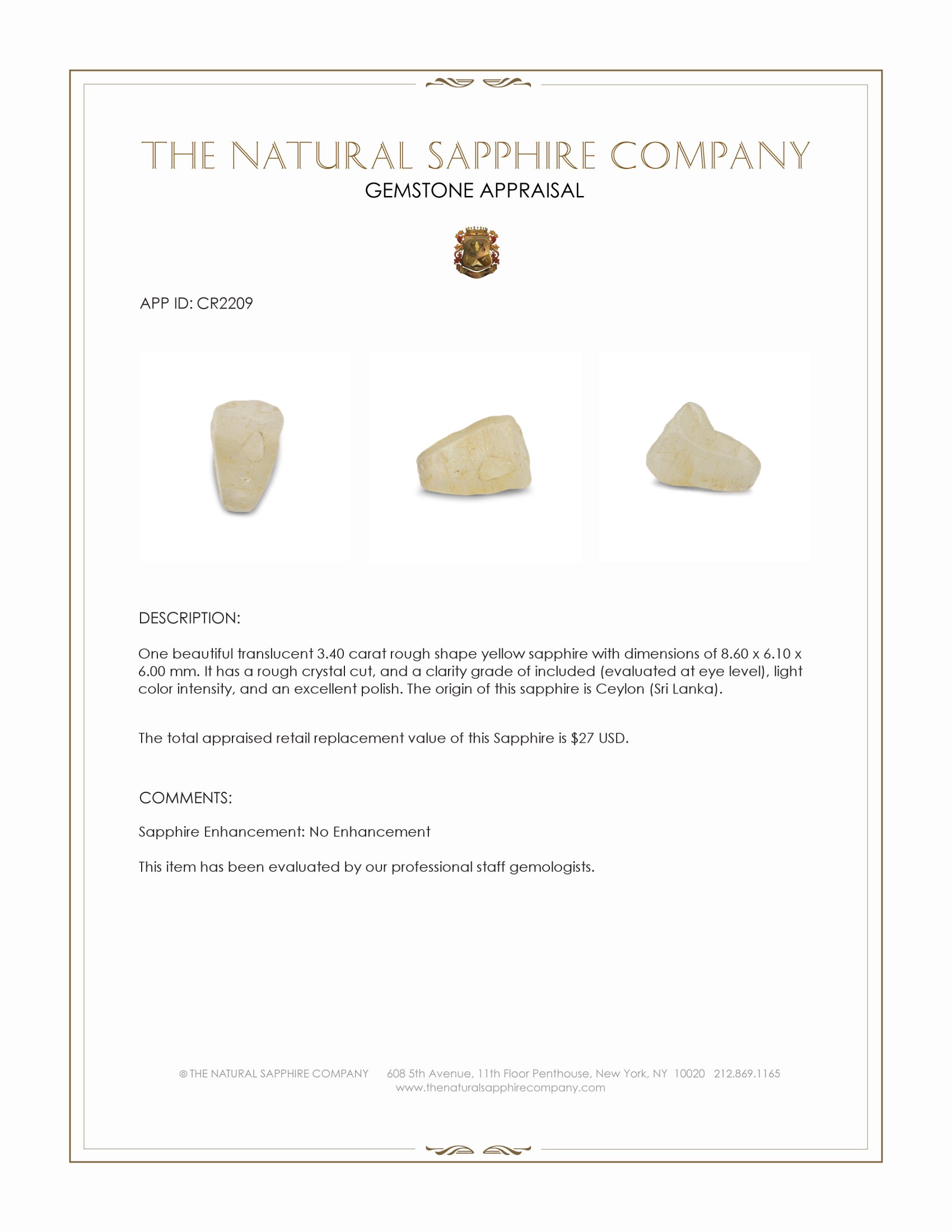 3.40 Ct. Yellow Rough Sapphire Crystal from Ceylon (Sri Lanka)