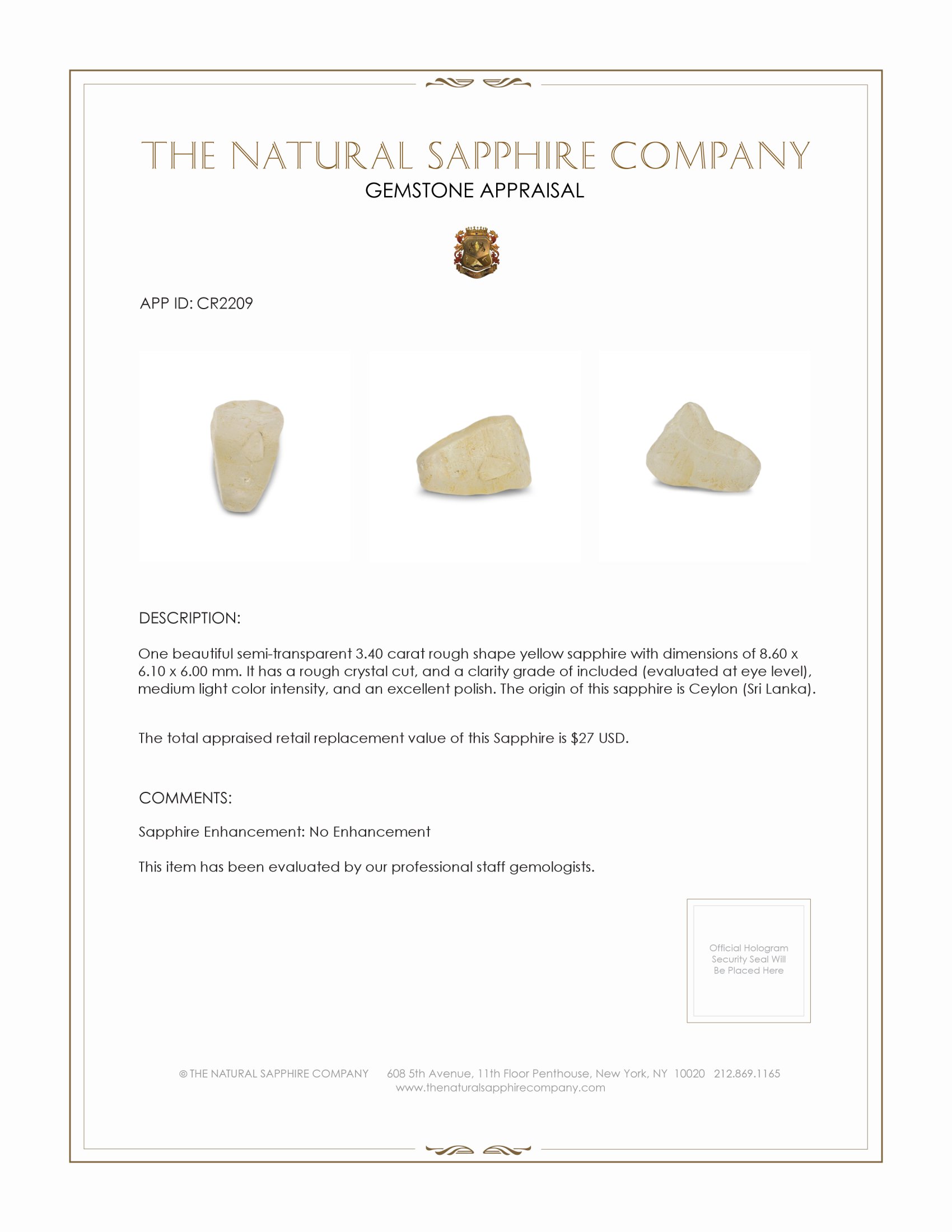 3.40 Ct. Yellow Sapphire Crystal from Ceylon (Sri Lanka)