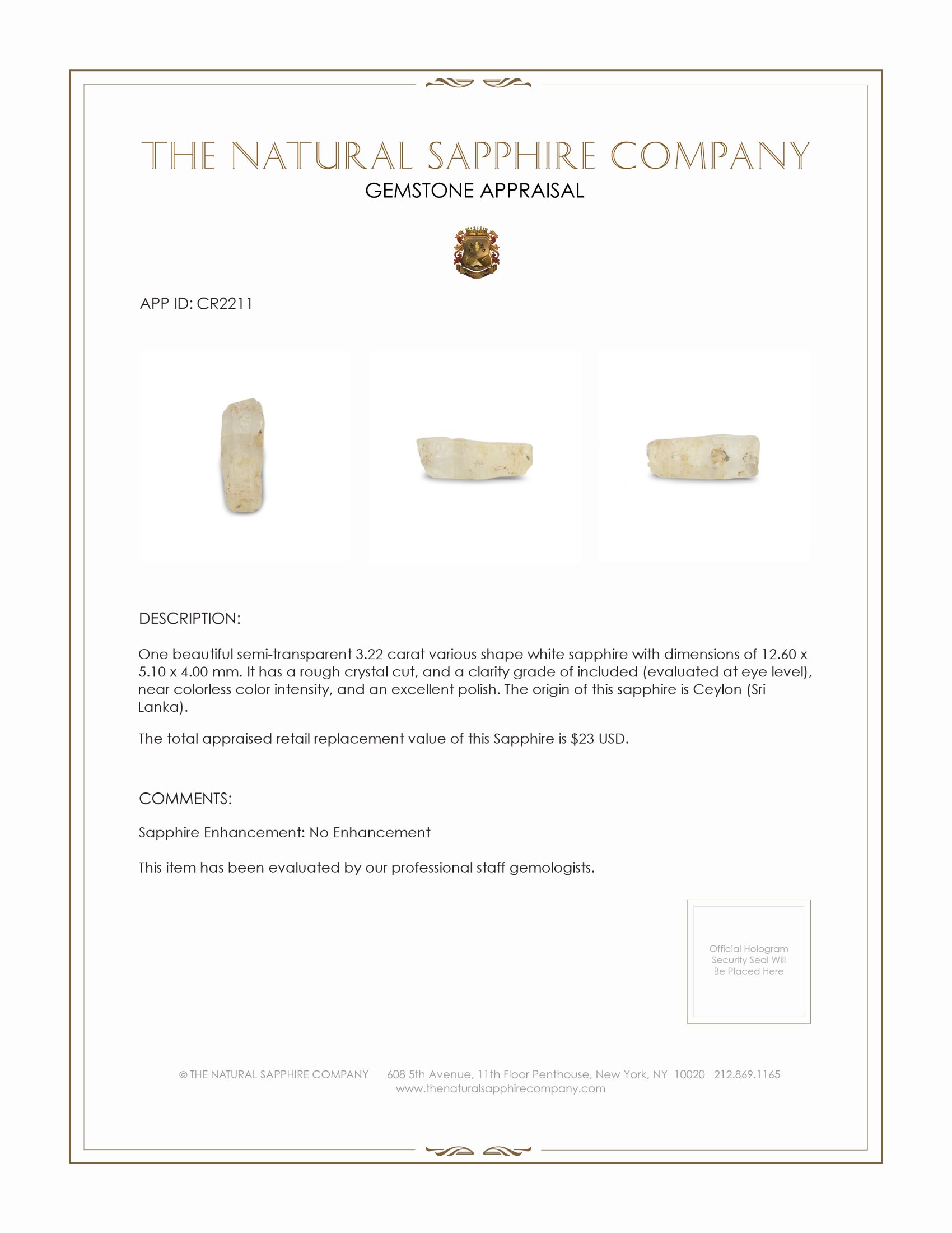 3.22 Ct. White Sapphire Crystal from Ceylon (Sri Lanka)