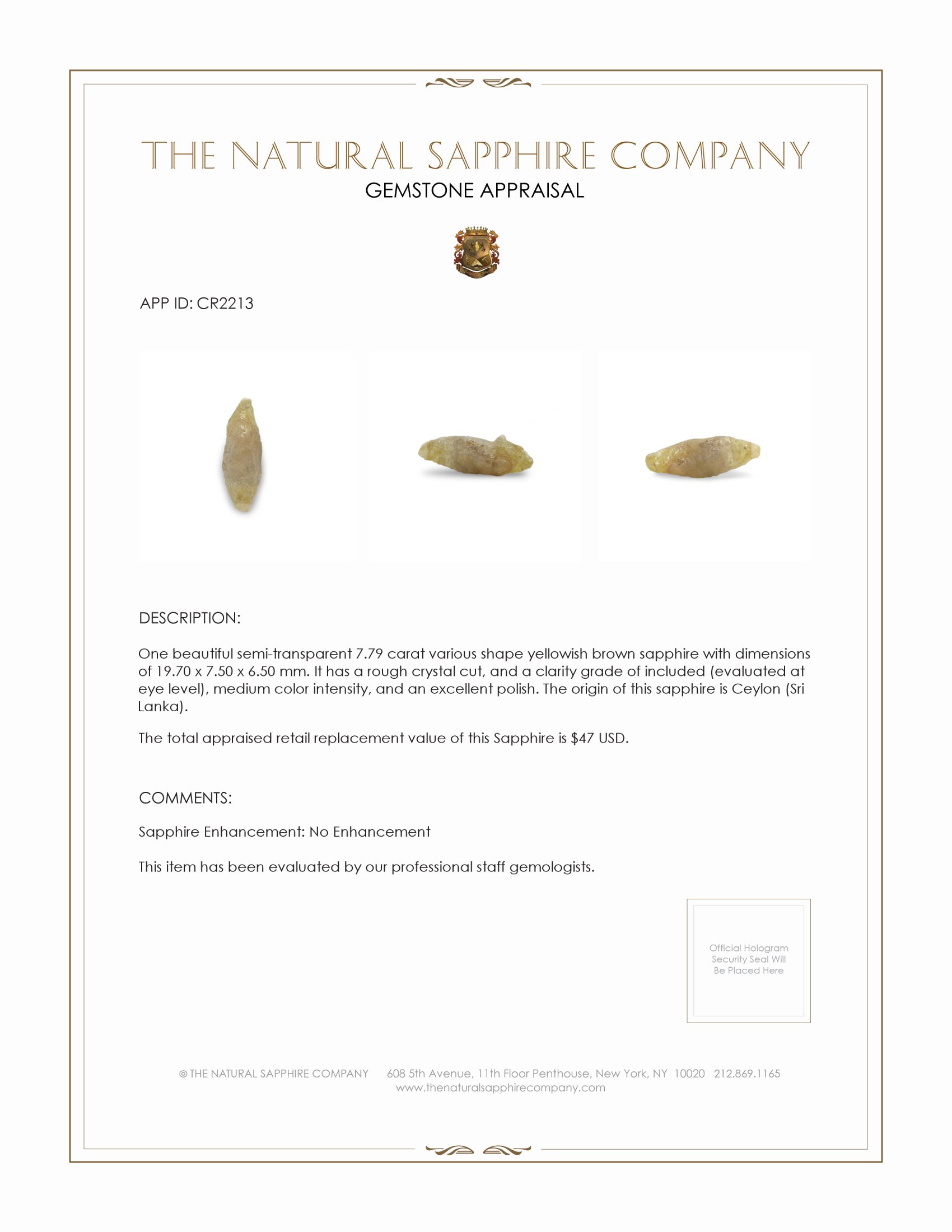 7.79 Ct. Yellowish Brown Sapphire Crystal from Ceylon (Sri Lanka)