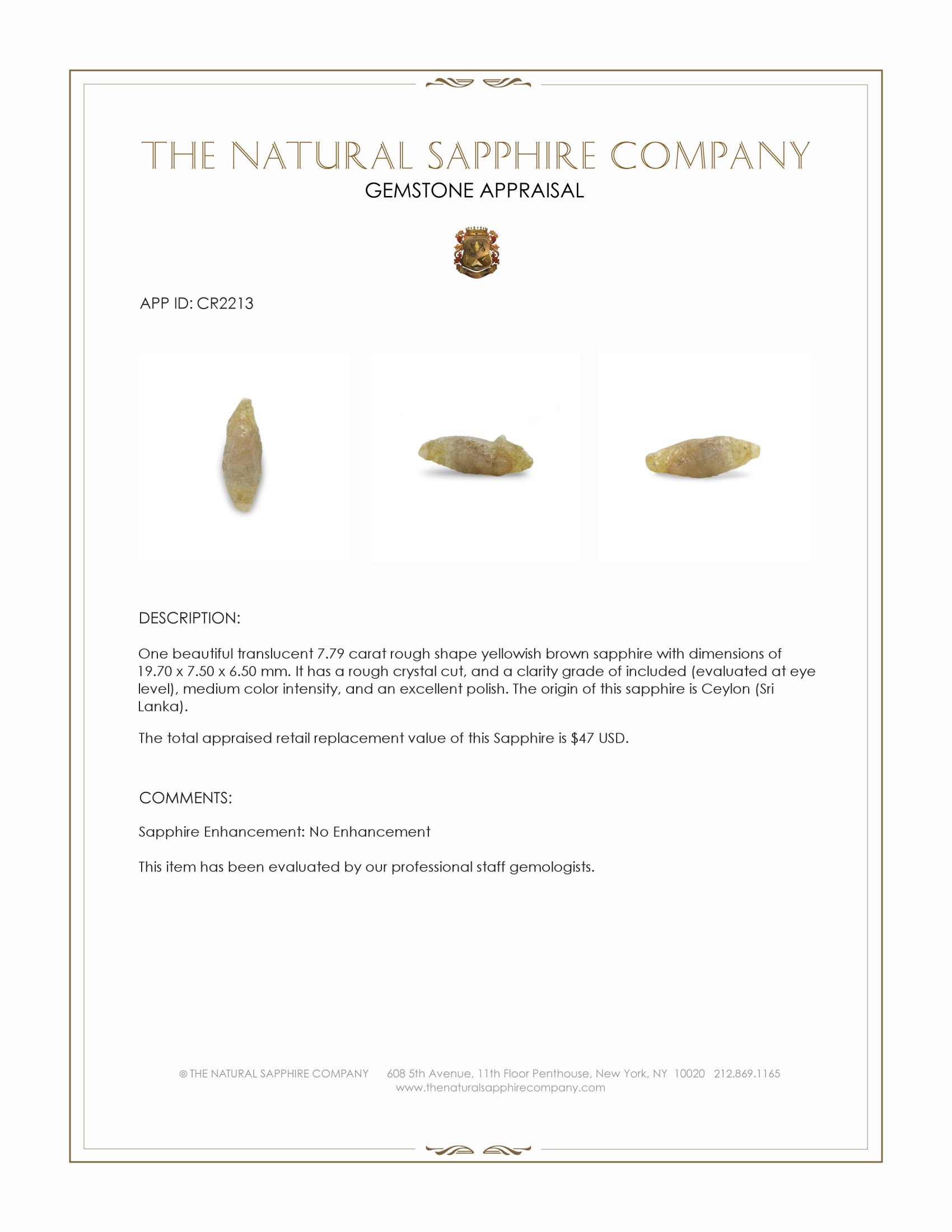 7.79 Ct. Yellowish Brown Rough Sapphire Crystal from Ceylon (Sri Lanka)