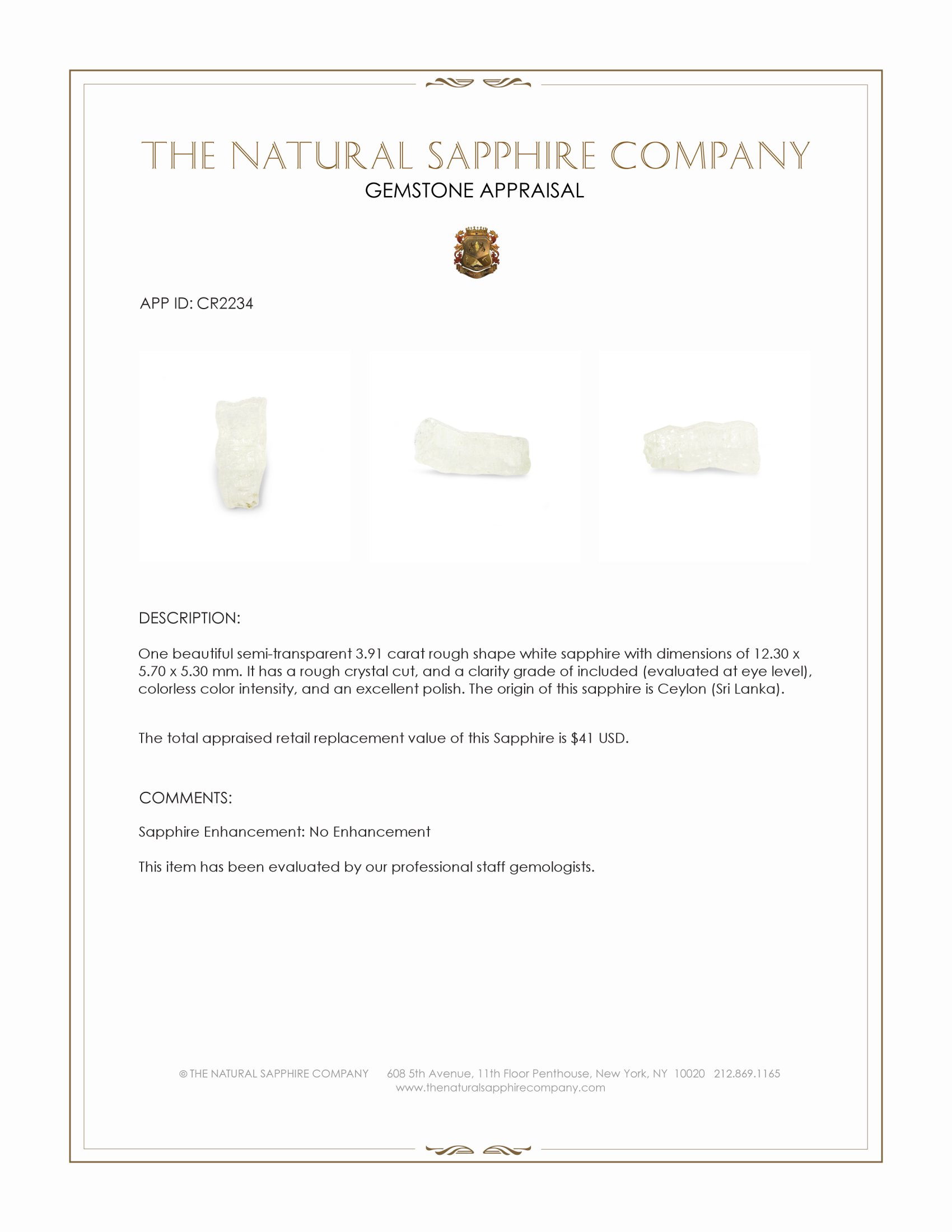 3.91 Ct. White Rough Sapphire Crystal from Ceylon (Sri Lanka)