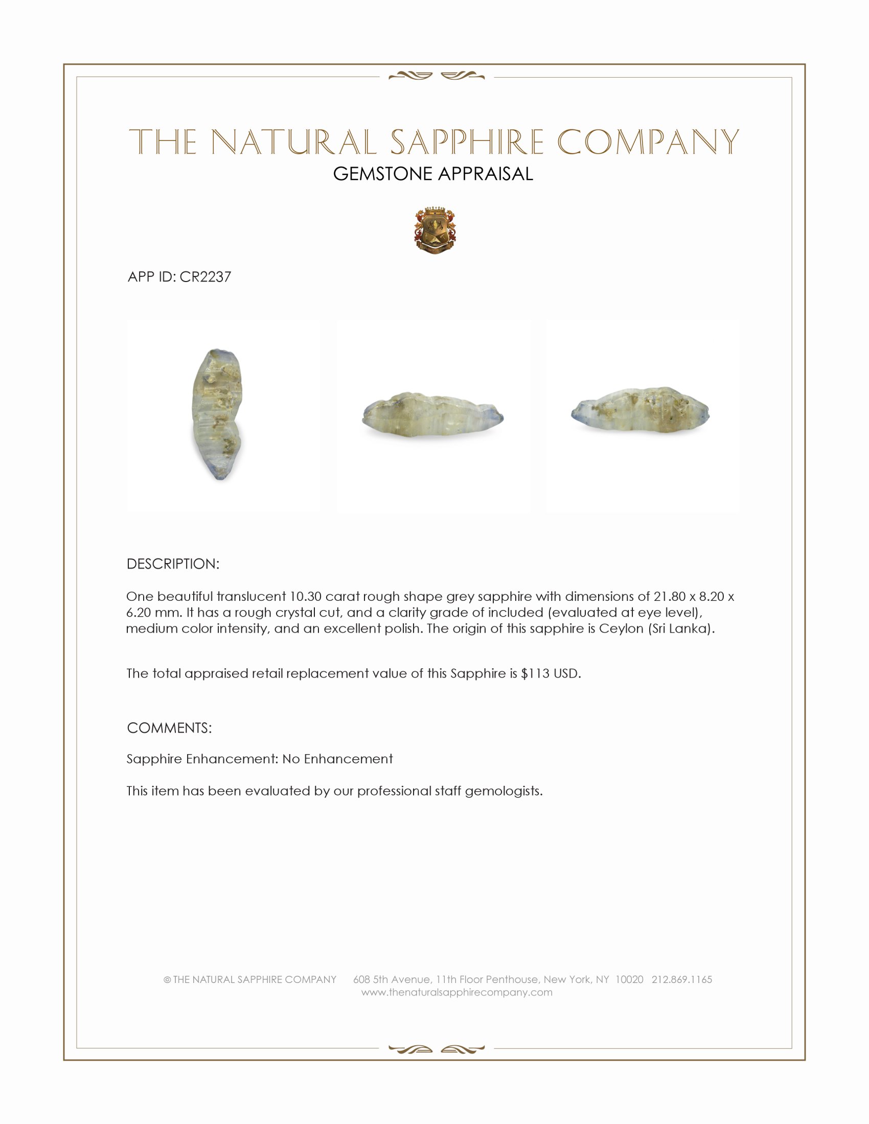 10.30 Ct. Grey Rough Sapphire Crystal from Ceylon (Sri Lanka)