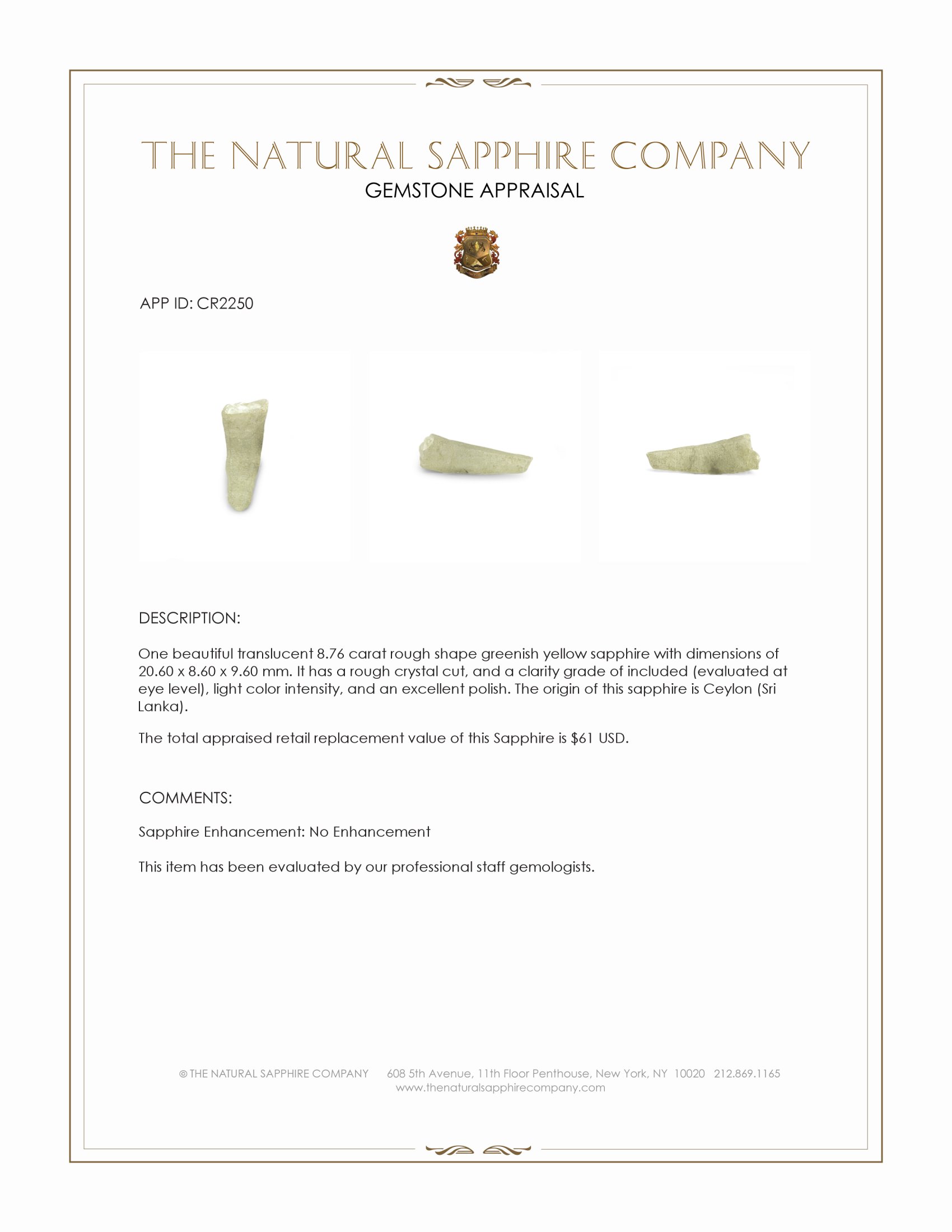 8.76 Ct. Greenish Yellow Rough Sapphire Crystal from Ceylon (Sri Lanka)