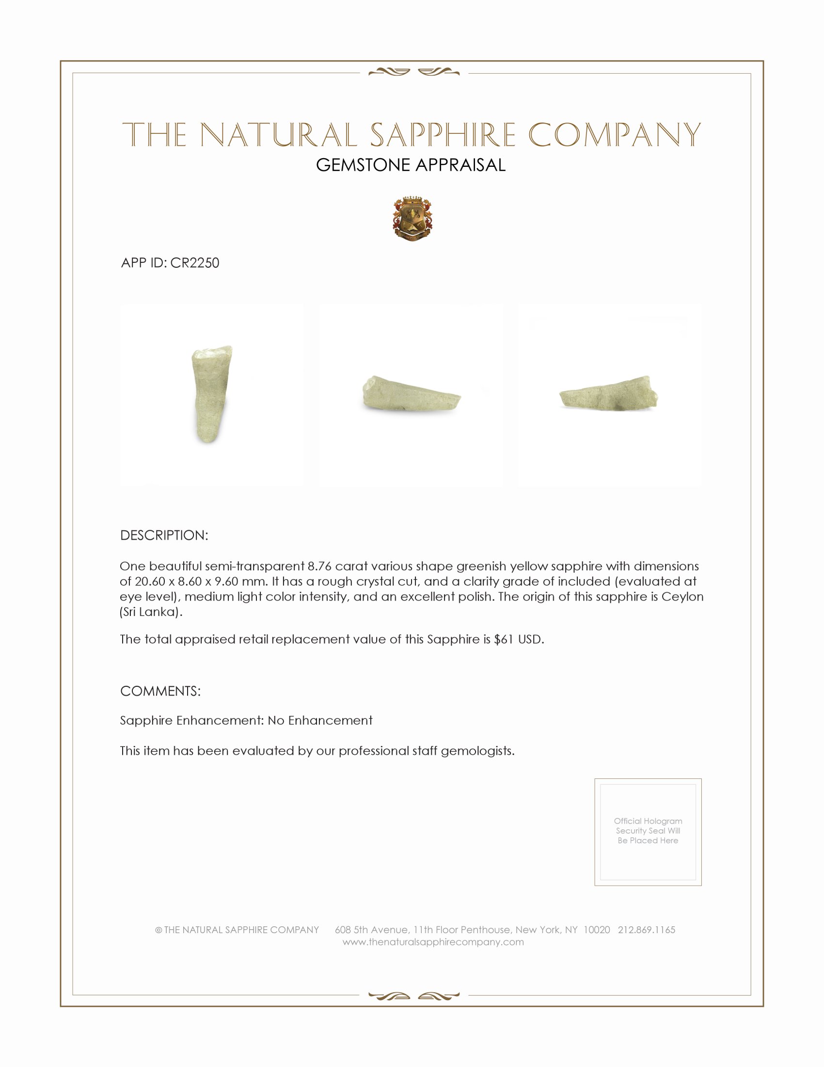 8.76 Ct. Greenish Yellow Sapphire Crystal from Ceylon (Sri Lanka)