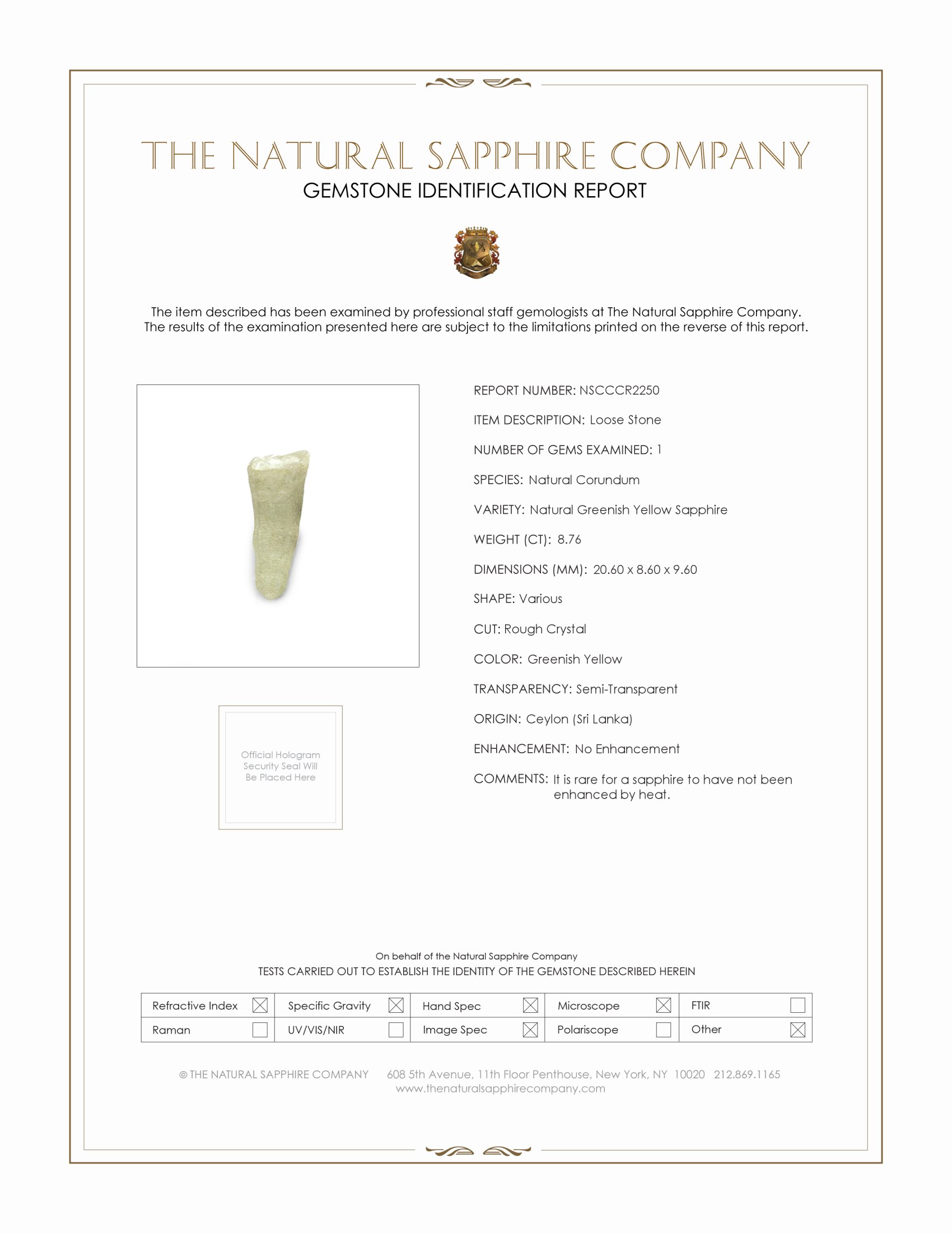 8.76 Ct. Greenish Yellow Sapphire Crystal from Ceylon (Sri Lanka)