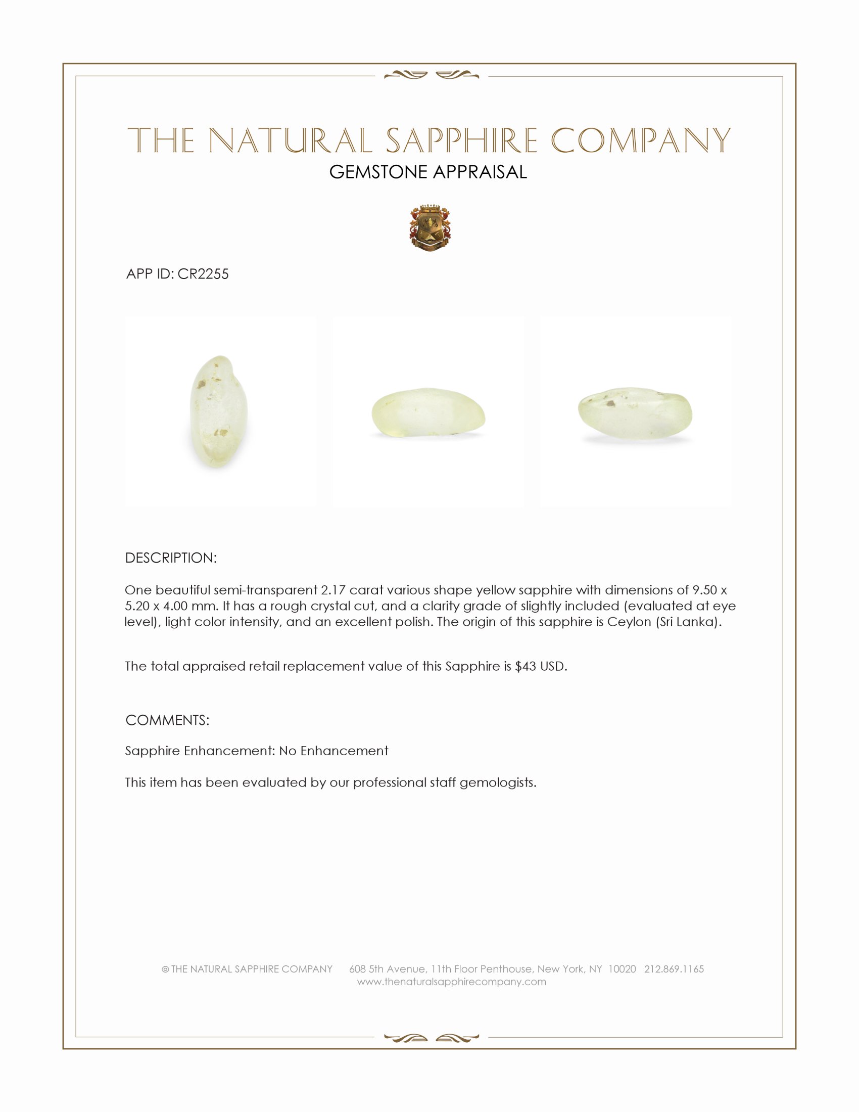 2.17 Ct. Yellow Sapphire Crystal from Ceylon (Sri Lanka)