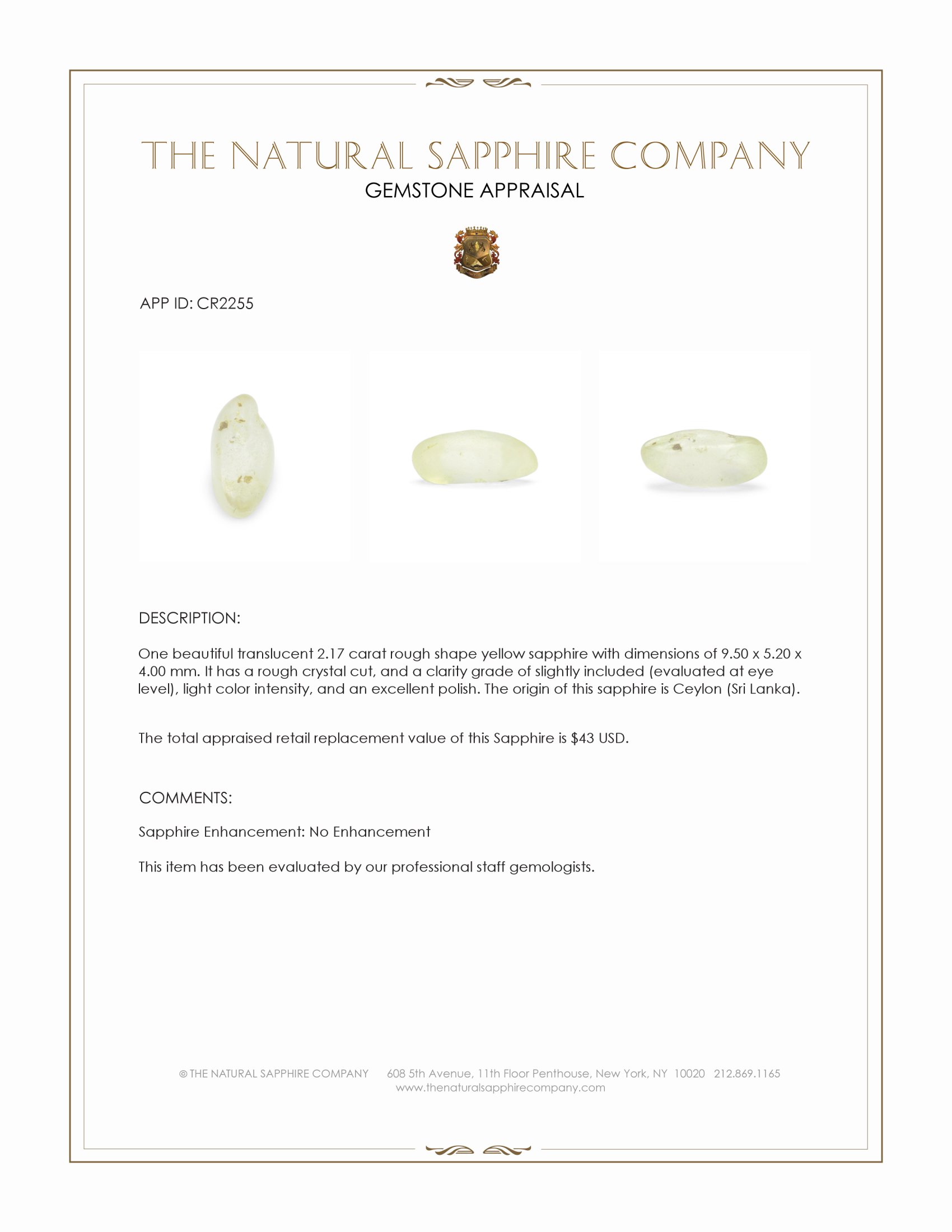 2.17 Ct. Yellow Rough Sapphire Crystal from Ceylon (Sri Lanka)