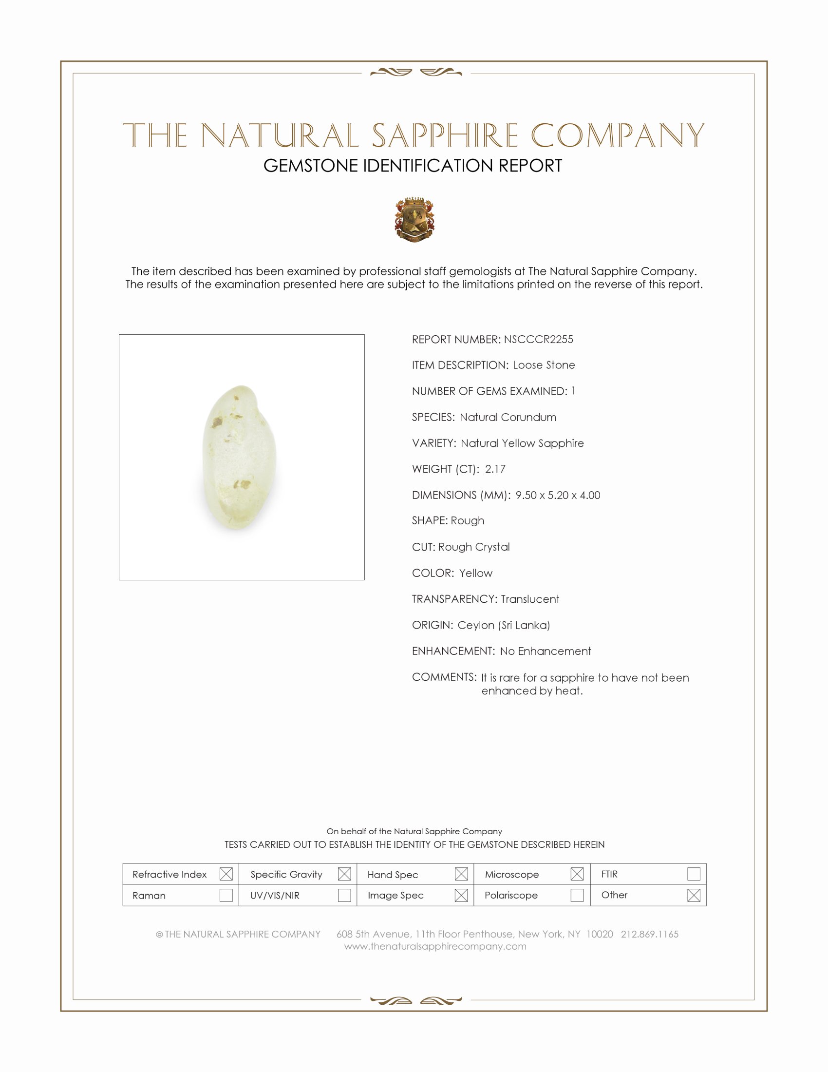 2.17 Ct. Yellow Rough Sapphire Crystal from Ceylon (Sri Lanka)